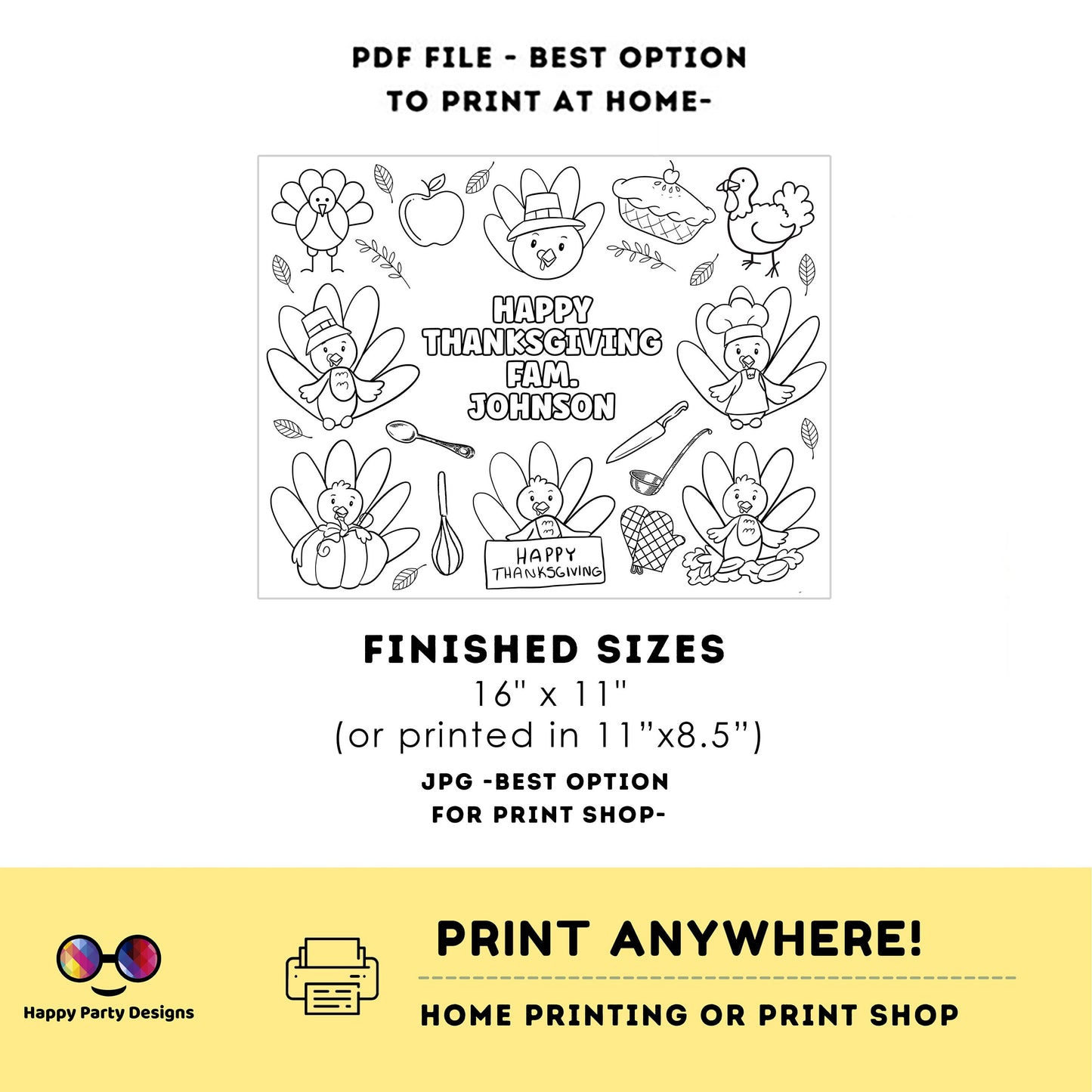 Editable Thanksgiving coloring placemat | Thanksgiving coloring page | Thanksgiving Activity game | Thanksgiving activity placemat #K258