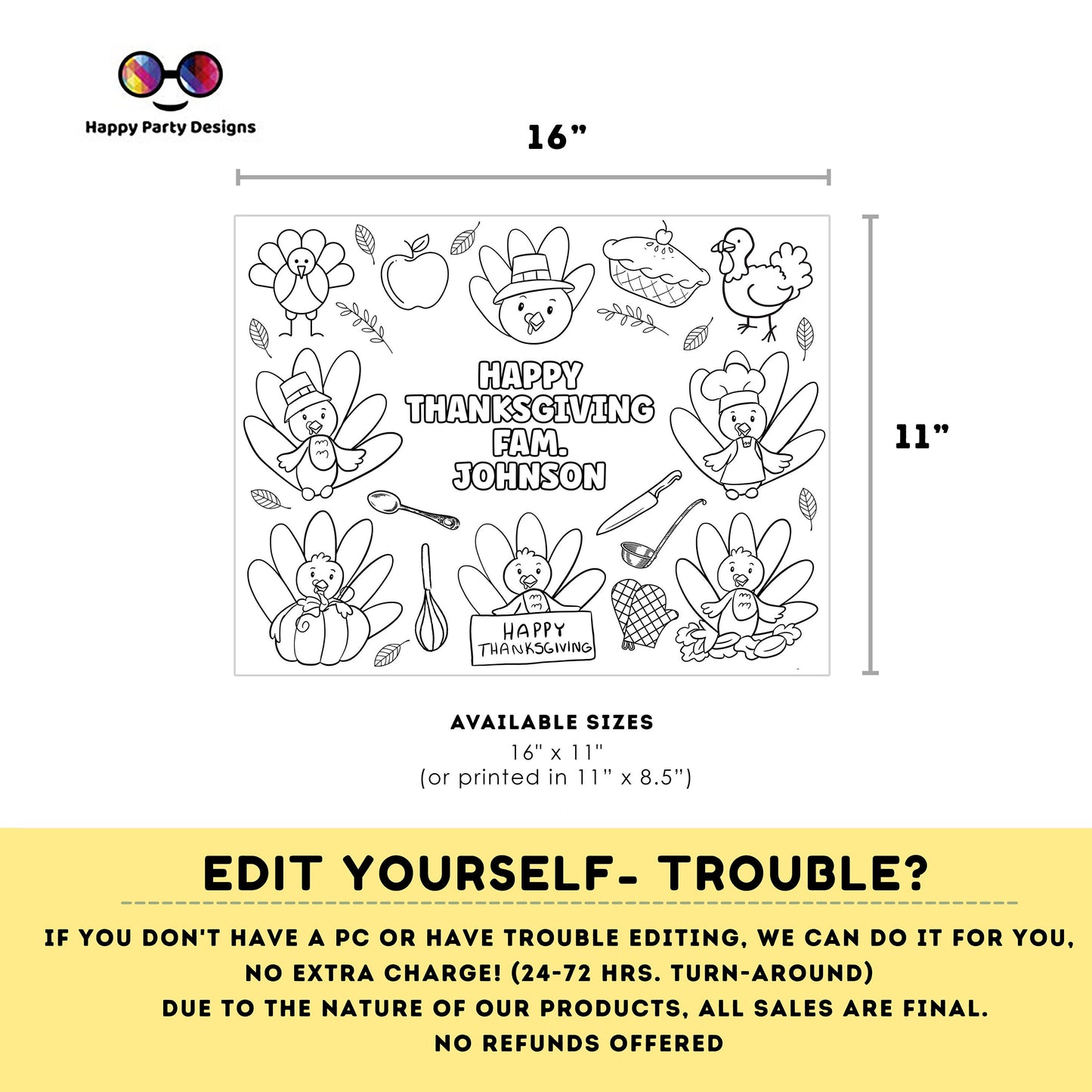 Editable Thanksgiving coloring placemat | Thanksgiving coloring page | Thanksgiving Activity game | Thanksgiving activity placemat #K258