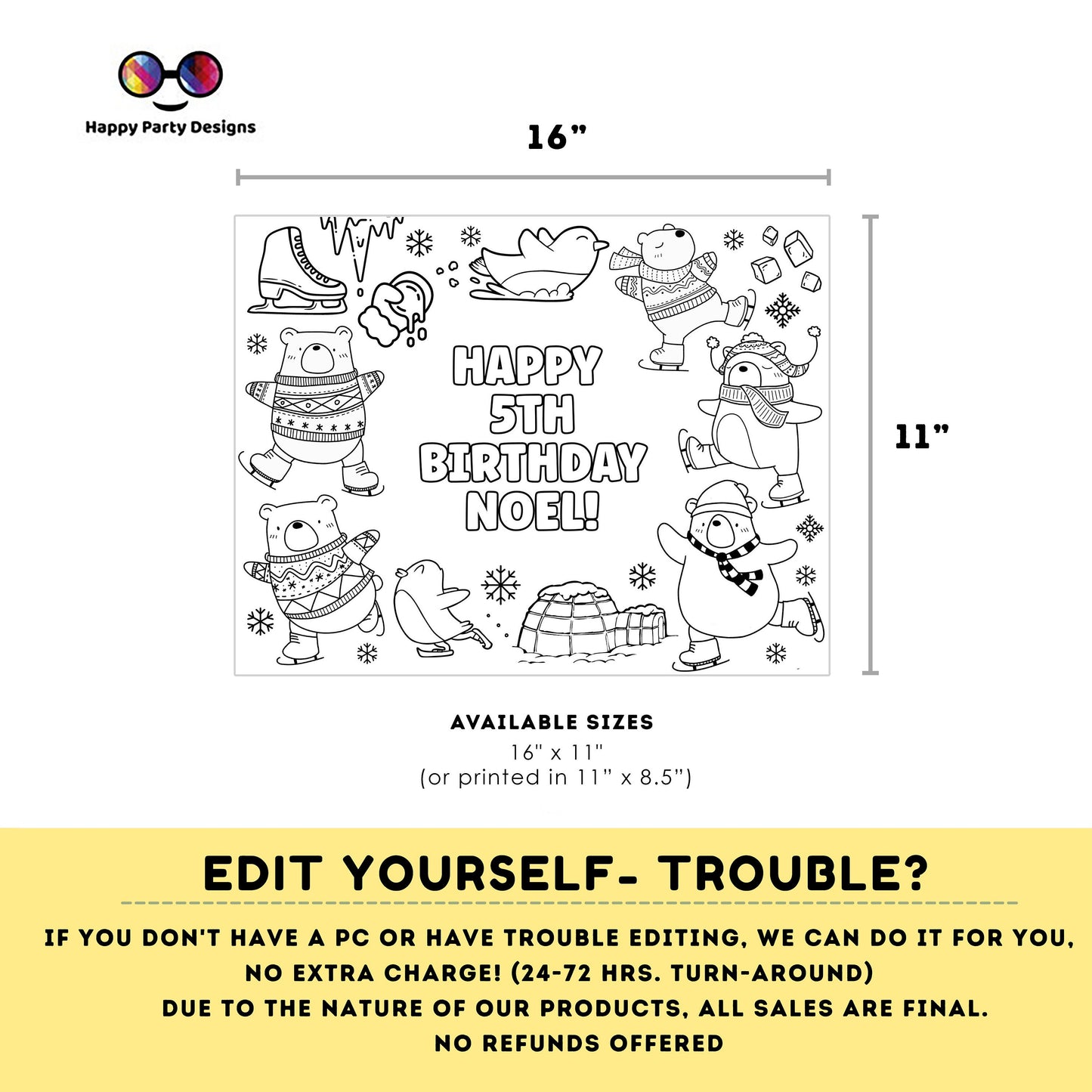 Editable Winter coloring page | Placemat coloring page | Any Age | kids in wintertime birthday | Party Activity | Polar bears #K115