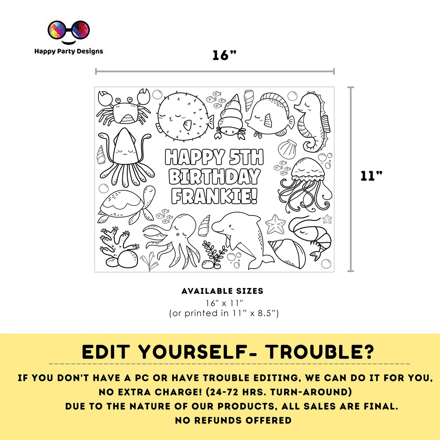 Editable under the sea coloring page | ocean placemat | Any Age | under the sea birthday | Game under the sea Party Activity | sea horse