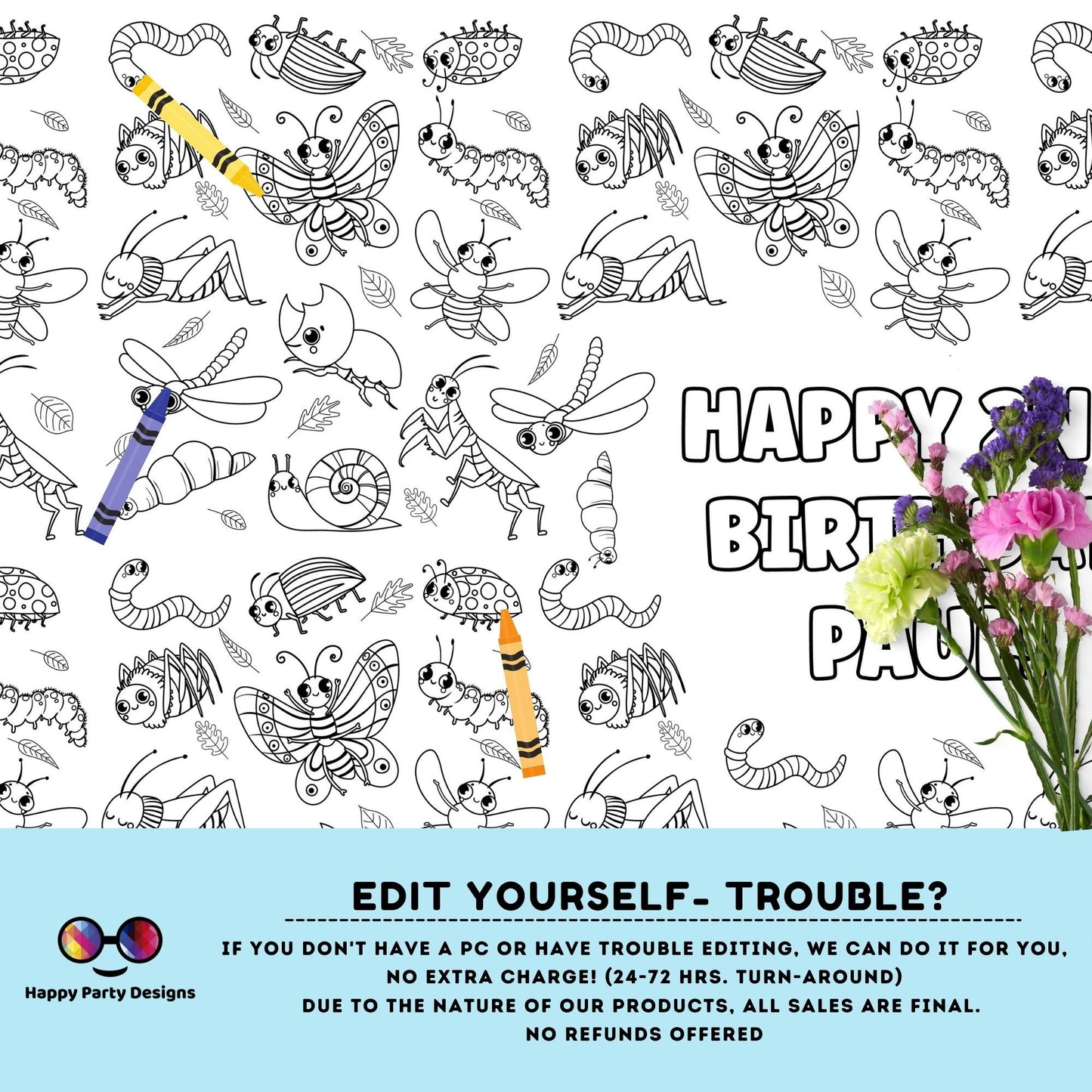 Bugs XL Table Runner | Editable Bugs coloring page | Placemat coloring page | Any Age | Bugs birthday Bugs and Insects Party Activity #K49