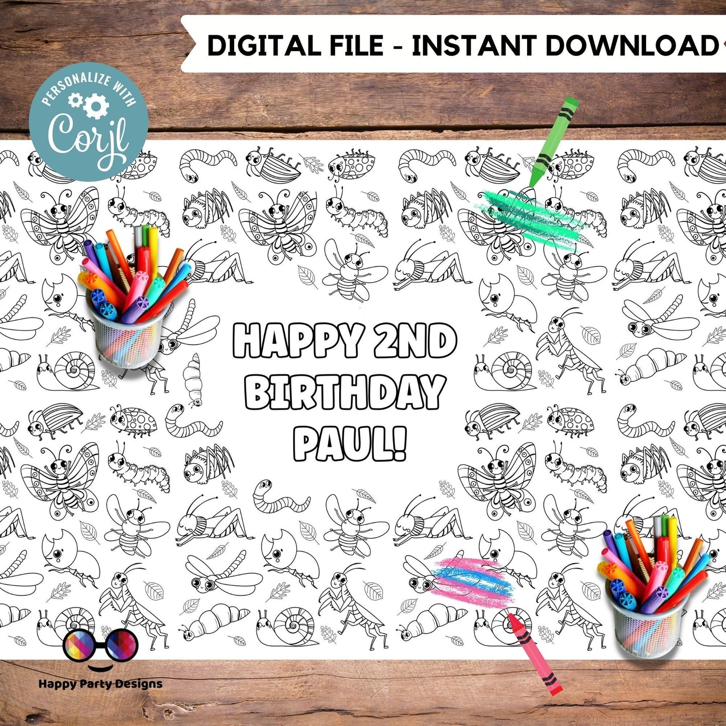 Bugs XL Table Runner | Editable Bugs coloring page | Placemat coloring page | Any Age | Bugs birthday Bugs and Insects Party Activity #K49