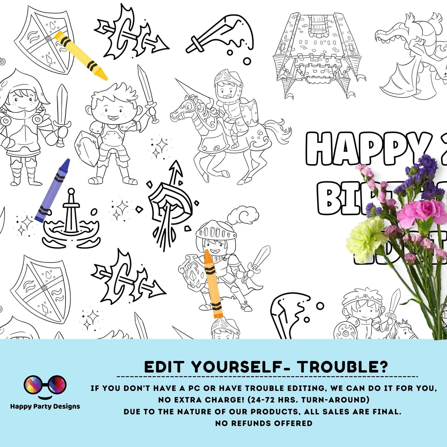Knights and Dragons XL Table Runner | Editable Knights and Dragons coloring page | Knights and Dragons Placemat | Dragons Activity #K145