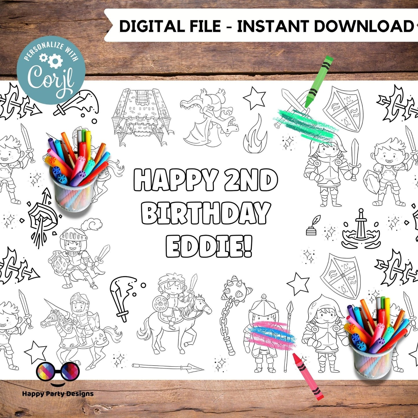 Knights and Dragons XL Table Runner | Editable Knights and Dragons coloring page | Knights and Dragons Placemat | Dragons Activity #K145