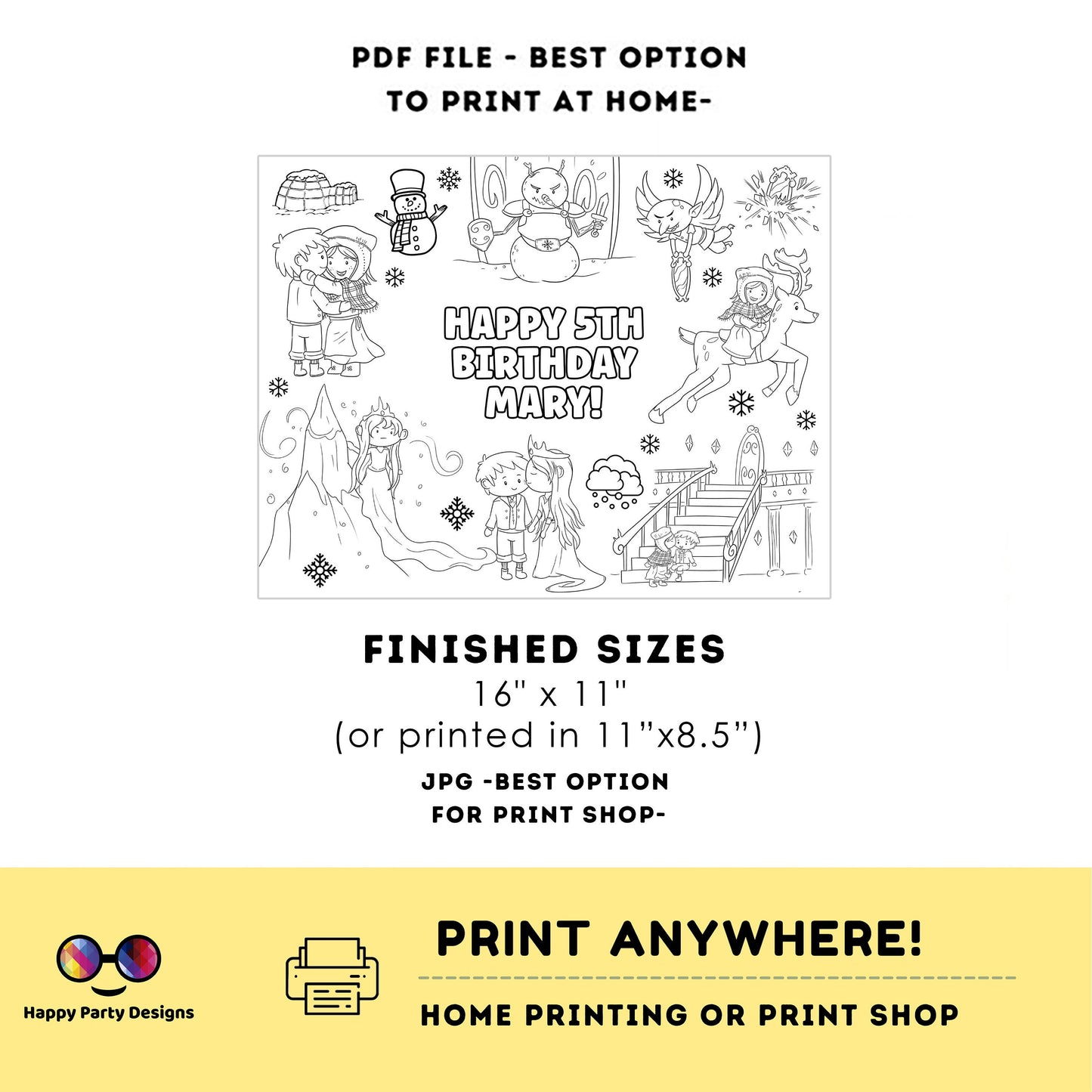 Editable Snow queen coloring page | magical princesses party | Princess coloring page | princess Birthday party favors | Any Age #K184