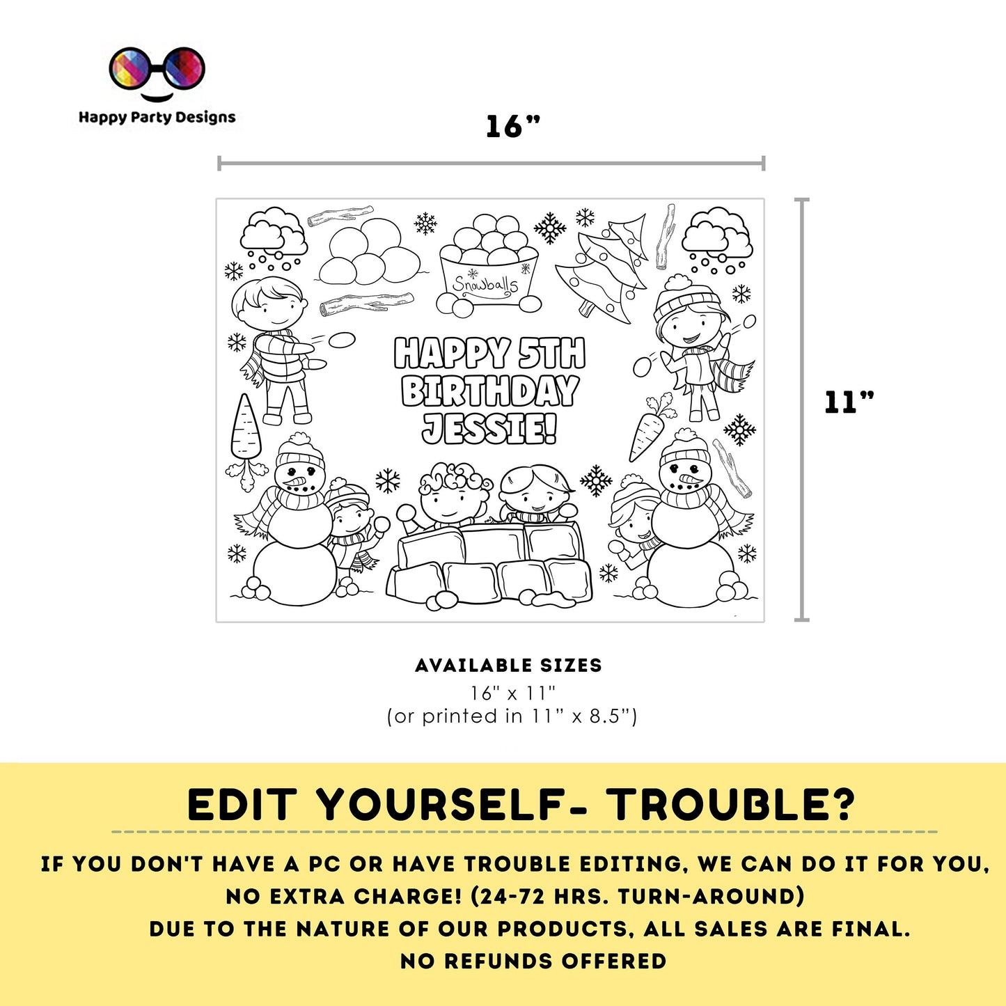 Editable Snowball fight coloring page | Placemat coloring page | Any Age | kids in wintertime birthday | snow fort | Party Activity #K115