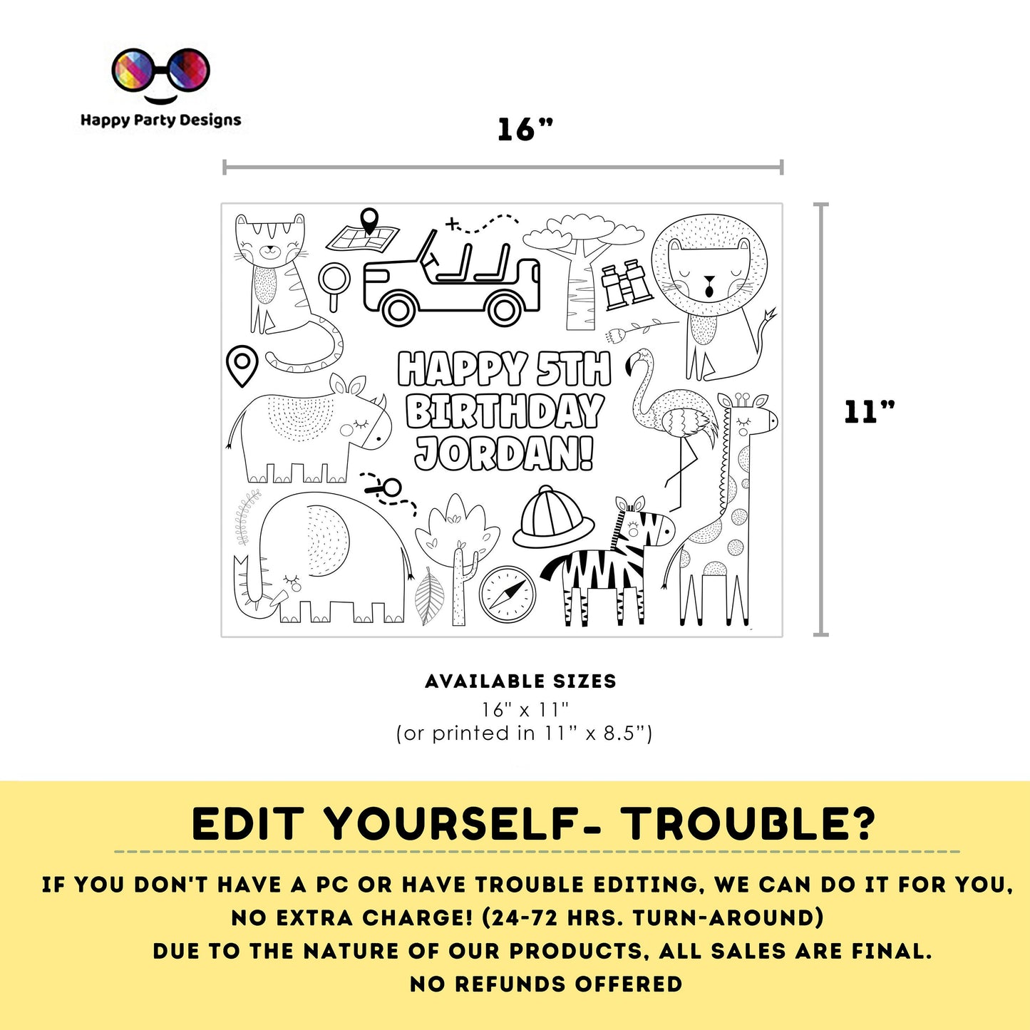 Editable Safari coloring page | First birthday | Any Age | Safari Animals Birthday Party | One Birthday Zoo Jungle Party Instant Download