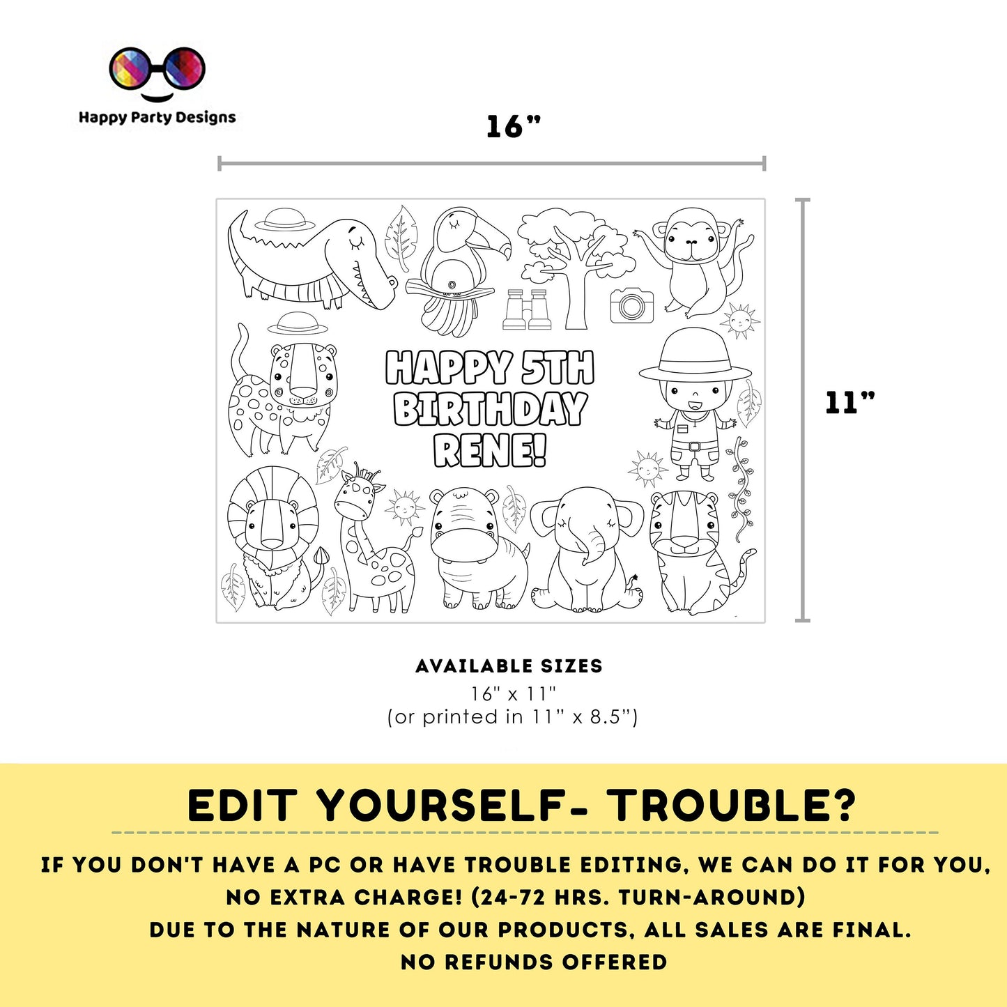 Editable Safari baby animals coloring page | First birthday | Any Age | Safari Animals Birthday Party | One Birthday Zoo Jungle Party #K202