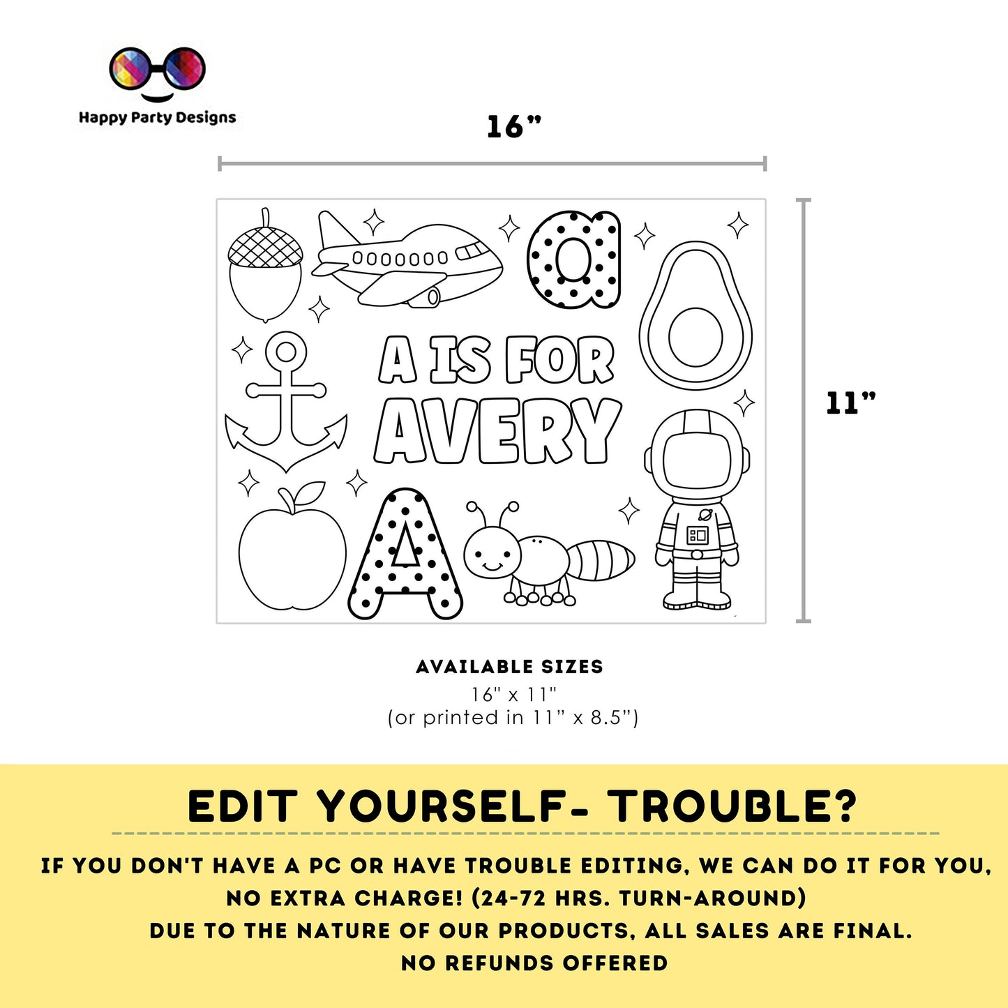 Editable name coloring page | A is for | personalized name alphabet placemat | Teacher material | Printable Preschool #SCH3