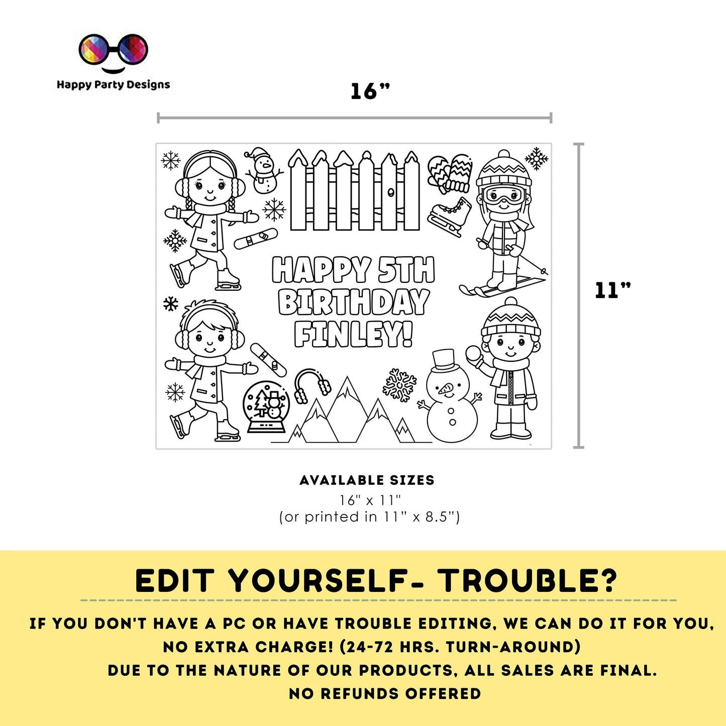 Editable Winter coloring page | Placemat coloring page | Any Age | kids in wintertime birthday | Party Activity. #K115