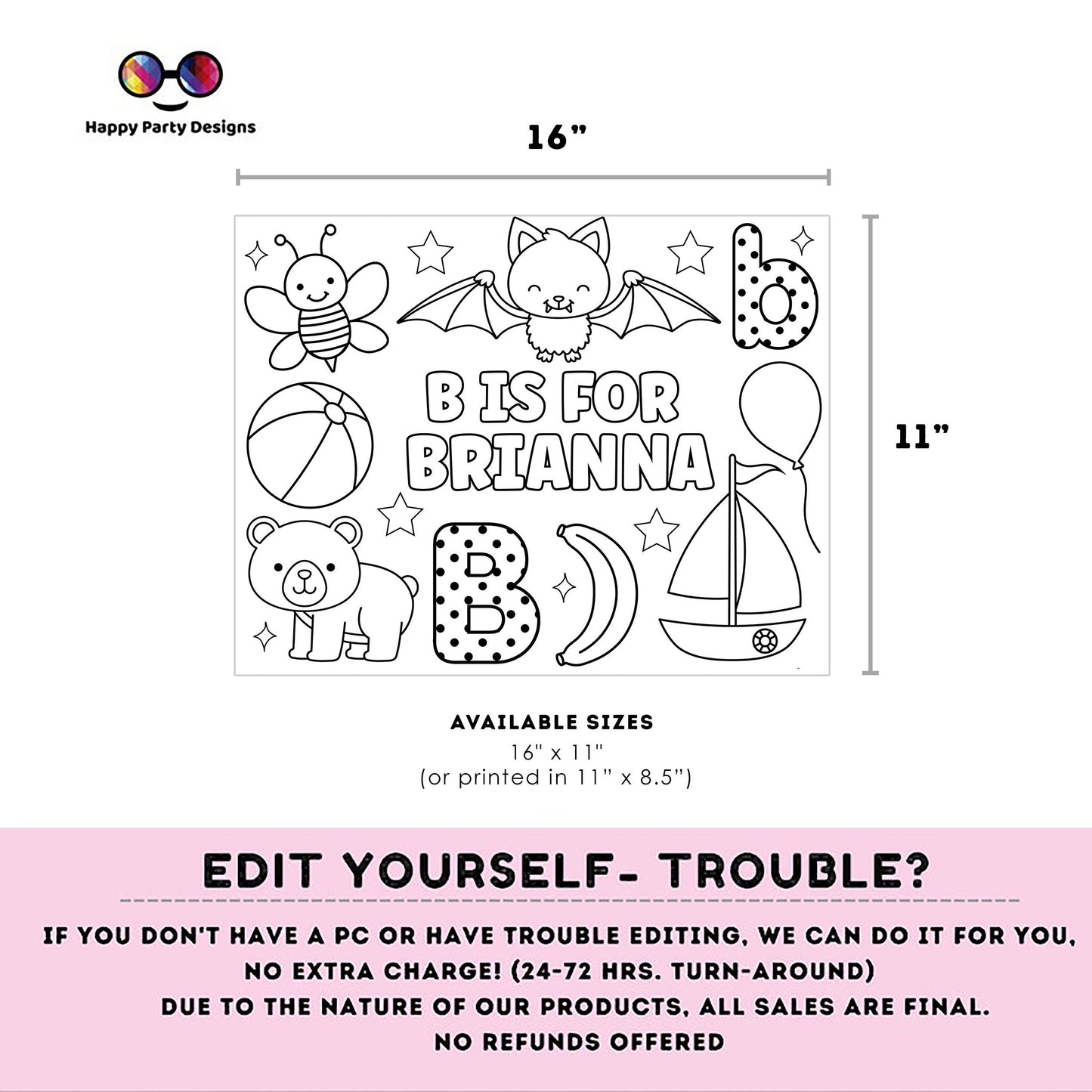 Editable name coloring page | B is for | personalized name alphabet placemat | Teacher material | Printable Preschool #SCH3
