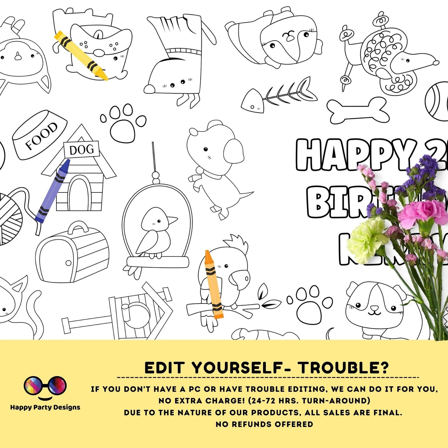 Pets Coloring XL Table Runner | Editable pets Birthday coloring page | Placemat coloring page | Pets party coloring page activity #K159