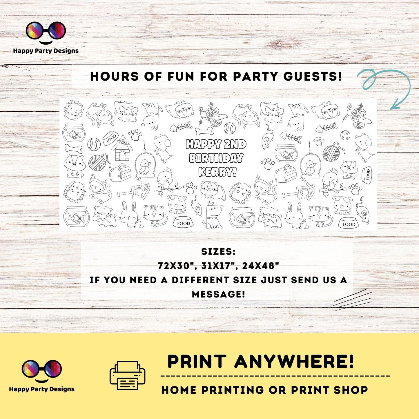 Pets Coloring XL Table Runner | Editable pets Birthday coloring page | Placemat coloring page | Pets party coloring page activity #K159