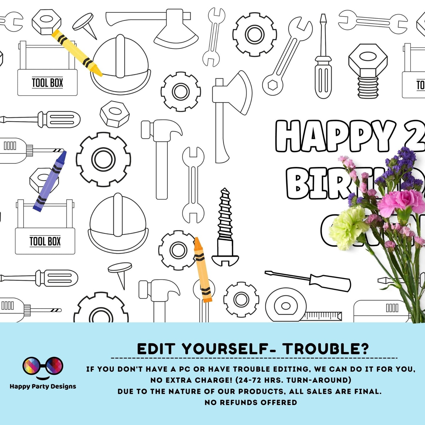 Tools Coloring XL Table runner | Editable Tools Birthday coloring page | Placemat coloring page | Construction birthday Activity #K160
