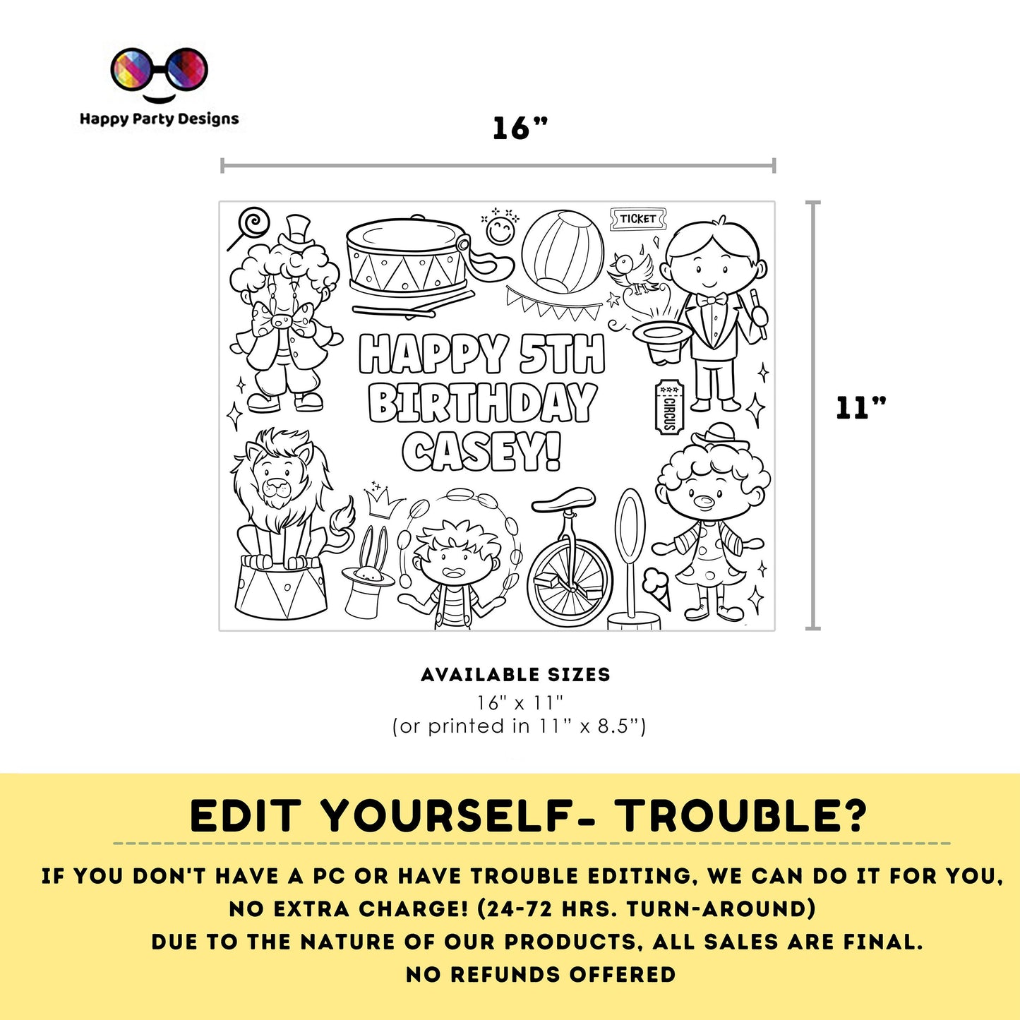 Editable circus coloring page | Placemat coloring page | Any Age | Circus birthday party | Circus Party Activity | kids playing circus #K119