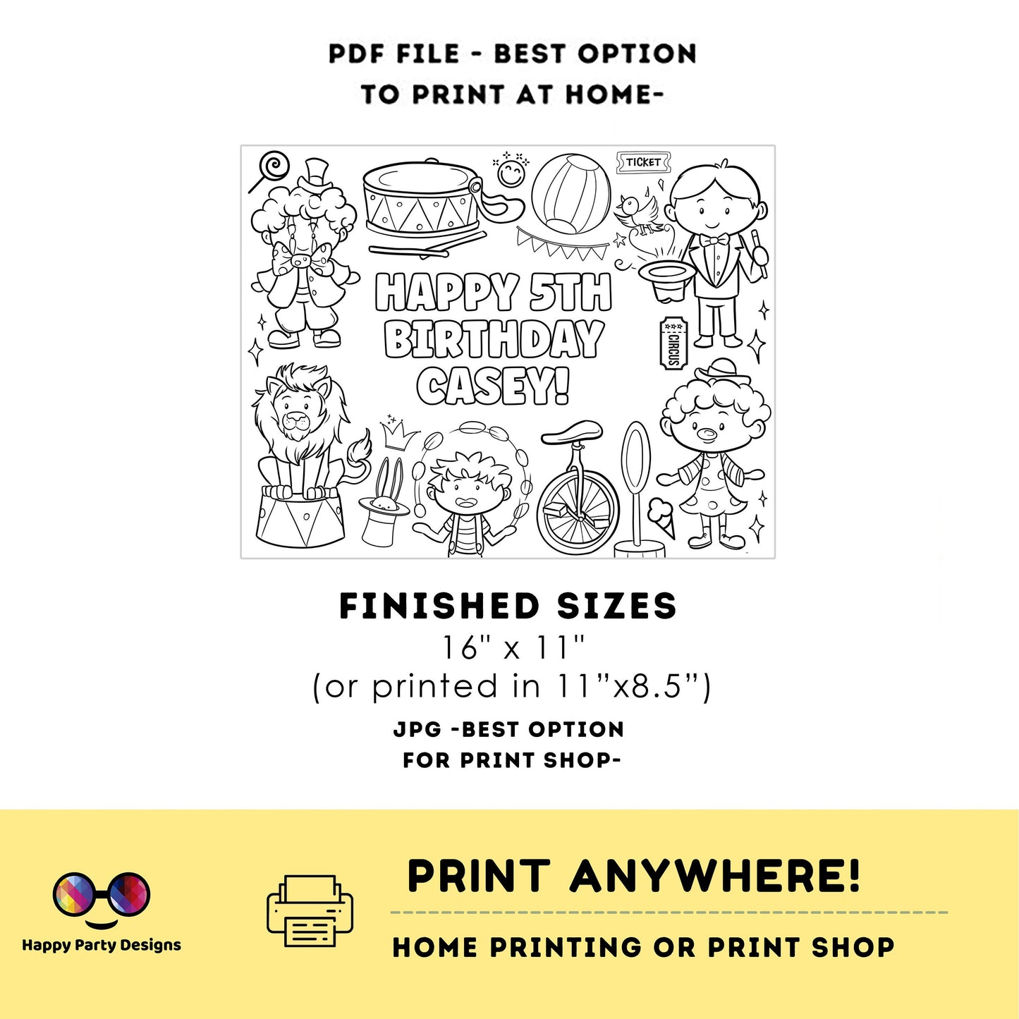 Editable circus coloring page | Placemat coloring page | Any Age | Circus birthday party | Circus Party Activity | kids playing circus #K119