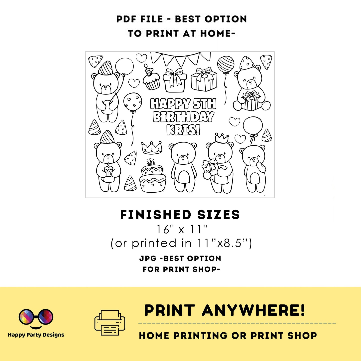 Editable teddy bear coloring page | Placemat coloring page | Any Age | Baby shower | Baby shower activity | party placemat | Bear party