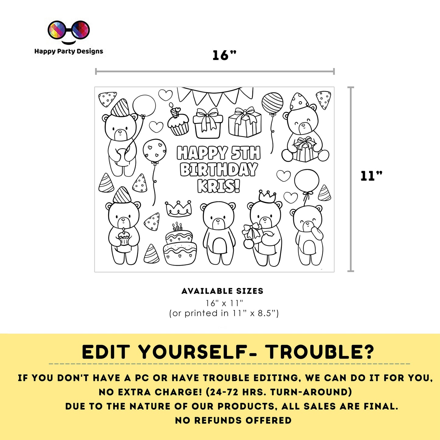 Editable teddy bear coloring page | Placemat coloring page | Any Age | Baby shower | Baby shower activity | party placemat | Bear party