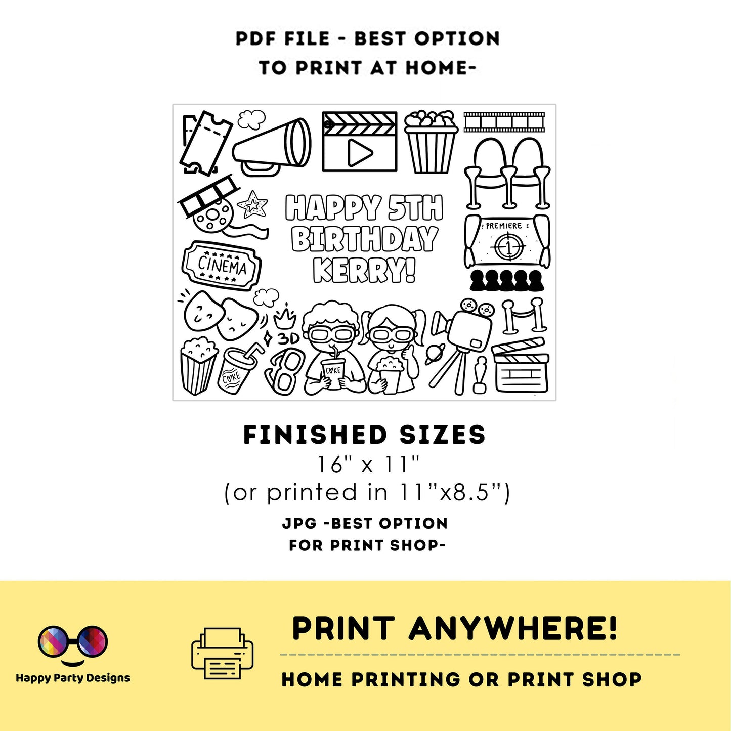 Editable Movie Birthday coloring page | Printable Movie Night Coloring Page | Cinema Coloring Page for Kids Any Age #K190
