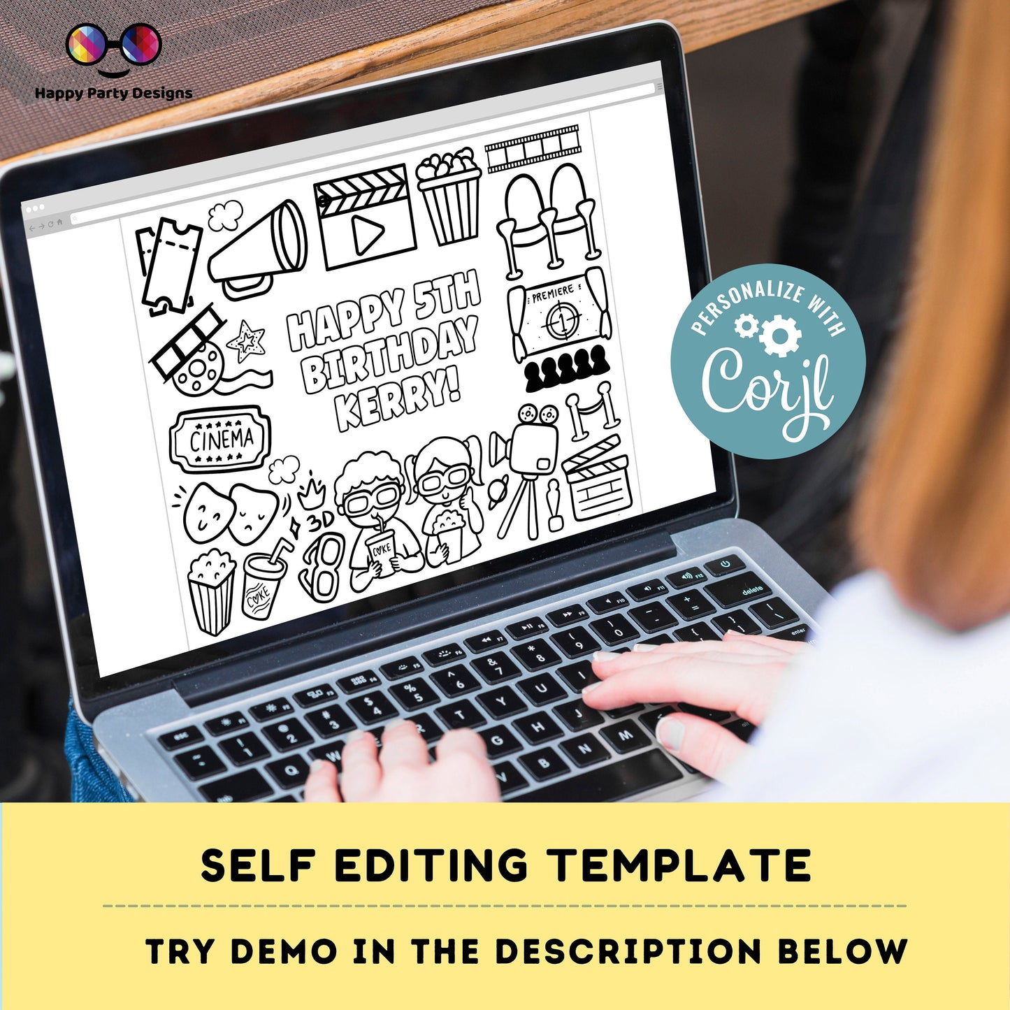Editable Movie Birthday coloring page | Printable Movie Night Coloring Page | Cinema Coloring Page for Kids Any Age #K190