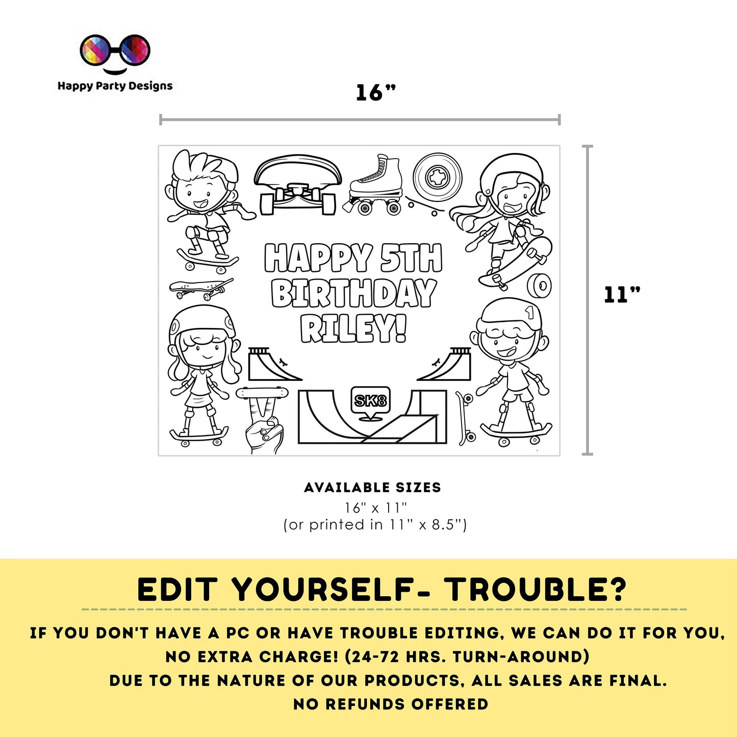 Editable skateboard coloring page | Placemat coloring page | Any Age | skater birthday | skate Party Activity | skating | skate party #K117