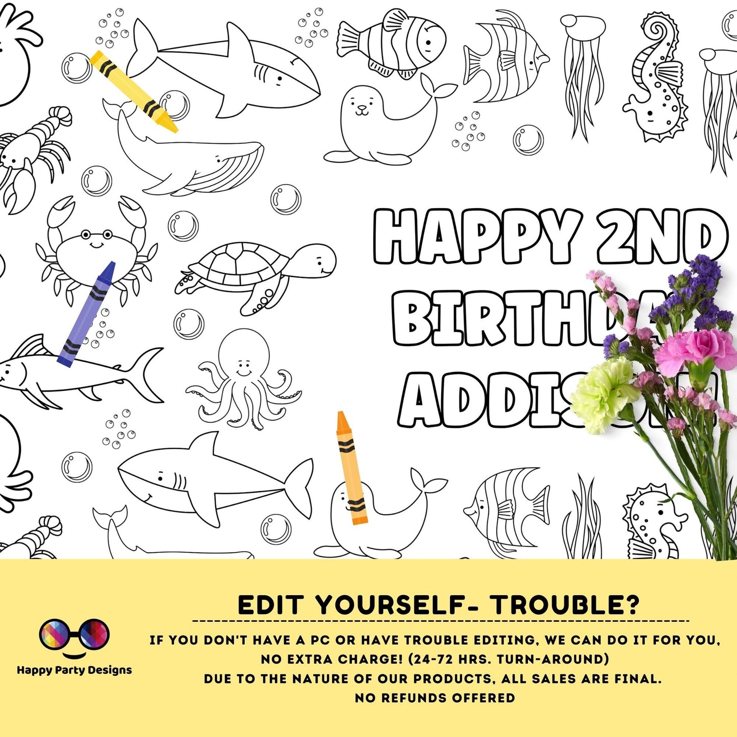 Under the Sea XL coloring Table Runner | Editable Under the Sea coloring page | Placemat coloring page | Under the Sea Party Activity #K93