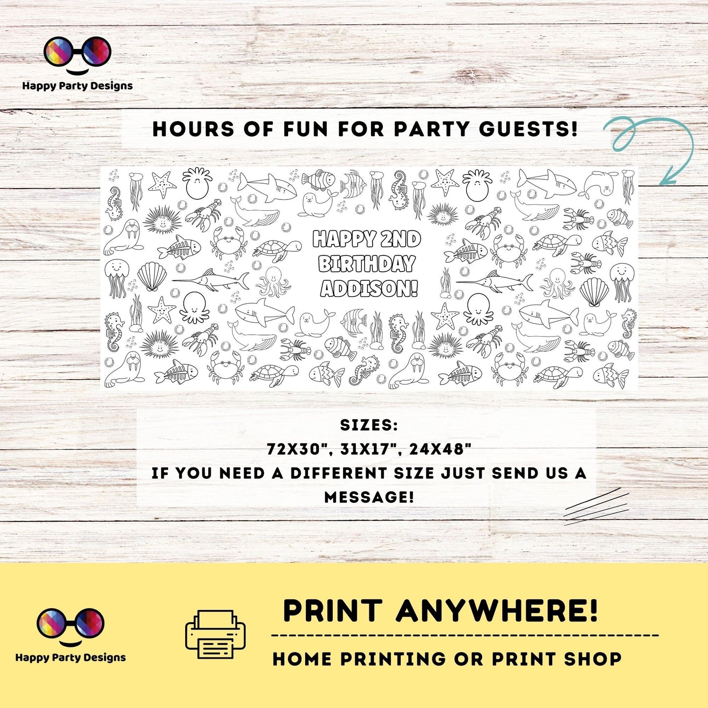 Under the Sea XL coloring Table Runner | Editable Under the Sea coloring page | Placemat coloring page | Under the Sea Party Activity #K93