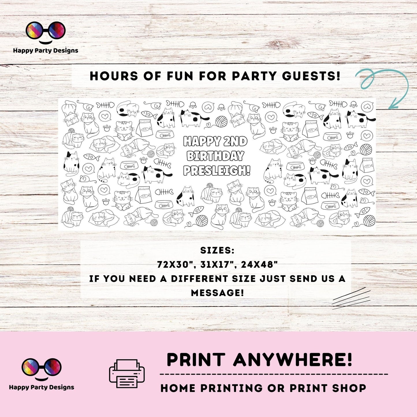 Funny Cats XL coloring Table Runner | Editable Cute Funny Cats coloring page | Placemat XL coloring page | kittens birthday | Cats #K114