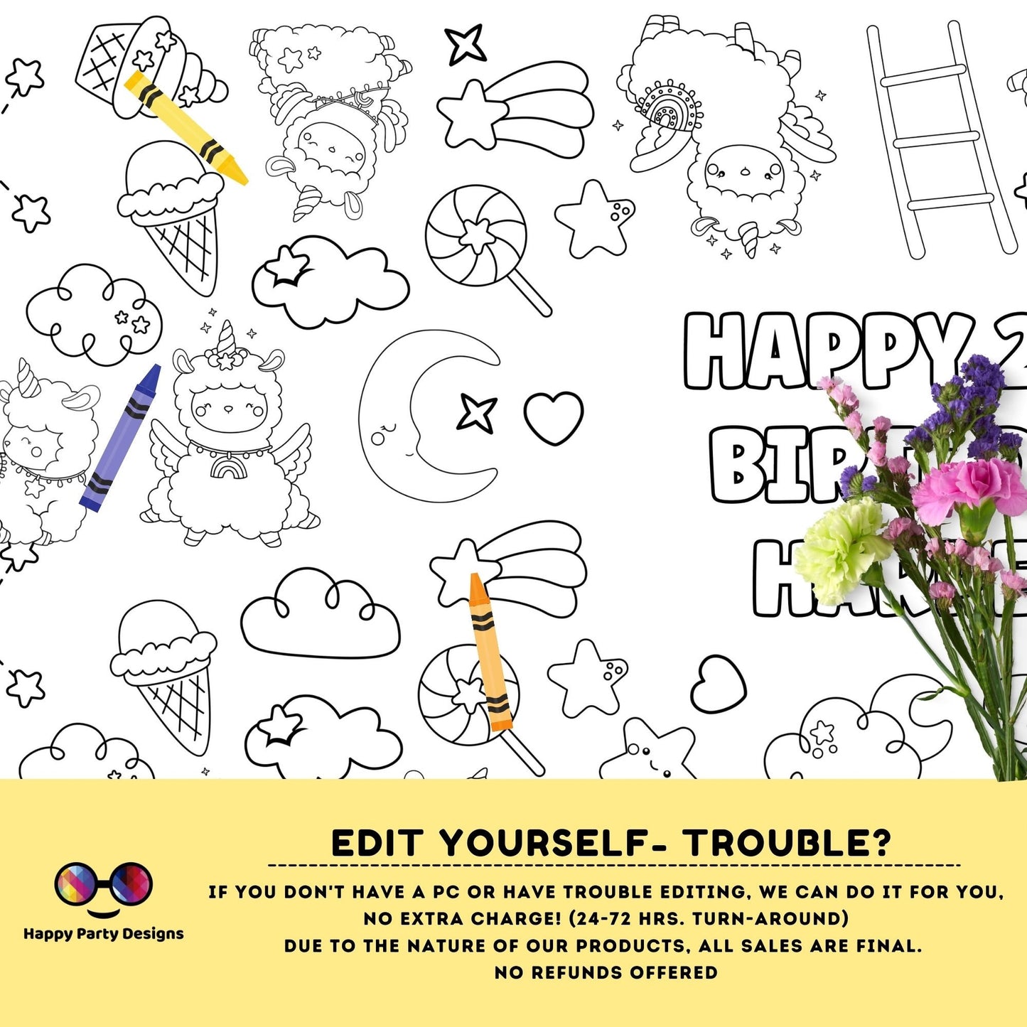 Llama XL Coloring Table runner | Editable Llama Birthday coloring page | Placemat coloring page | Llama birthday party activity #K151