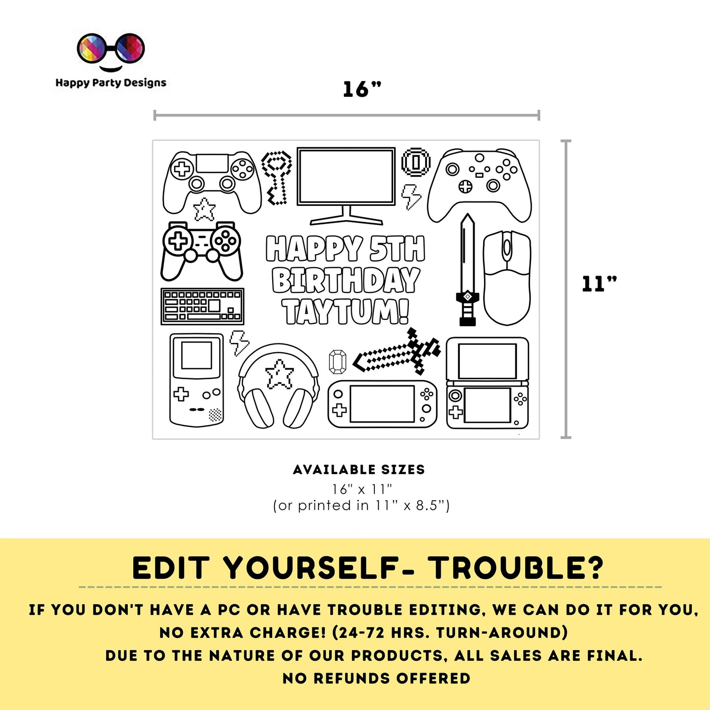 Editable video game Birthday coloring page | videogame coloring page | videogame Party | videogame Party Any Age #K72