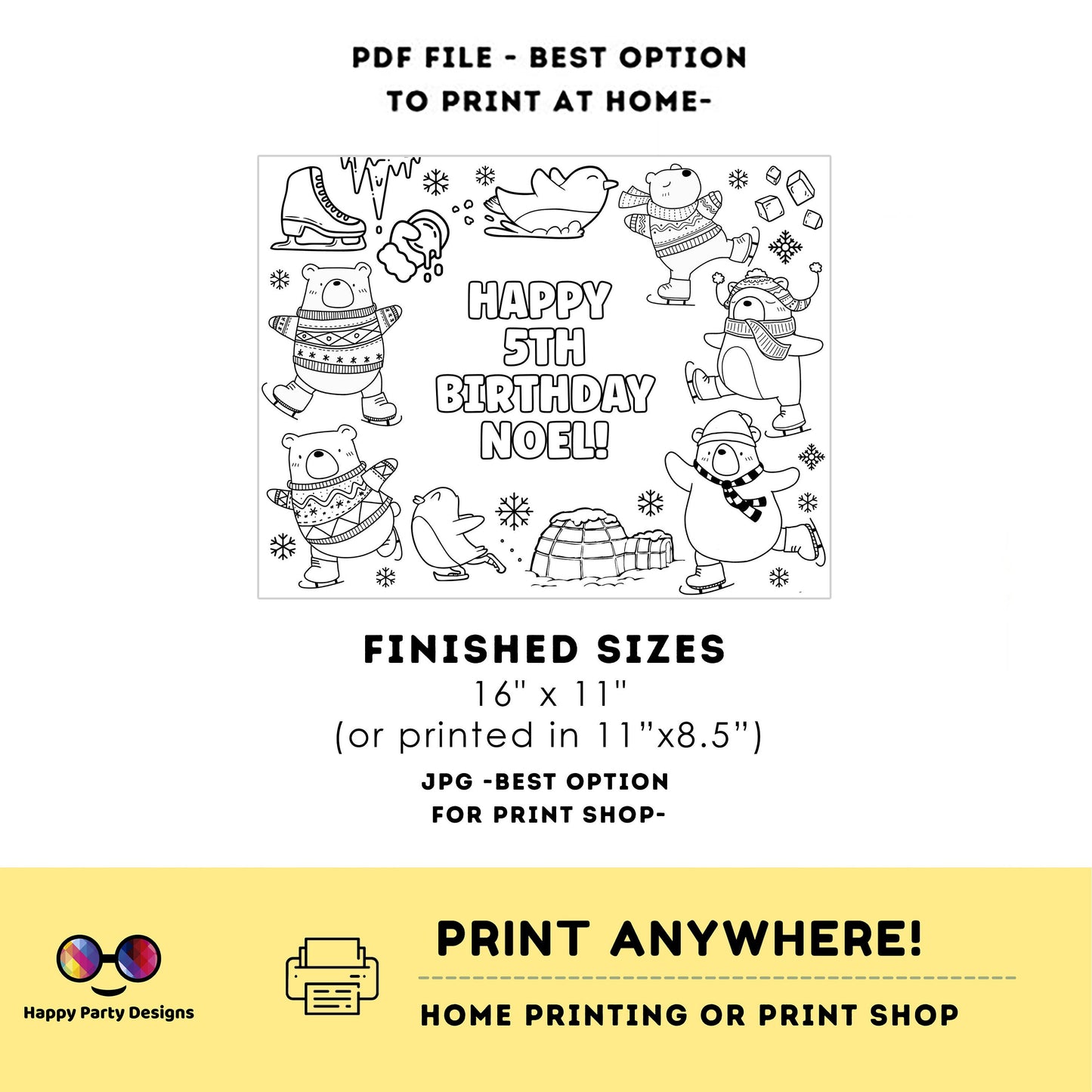 Editable Winter coloring page | Placemat coloring page | Any Age | kids in wintertime birthday | Party Activity | Polar bears #K115