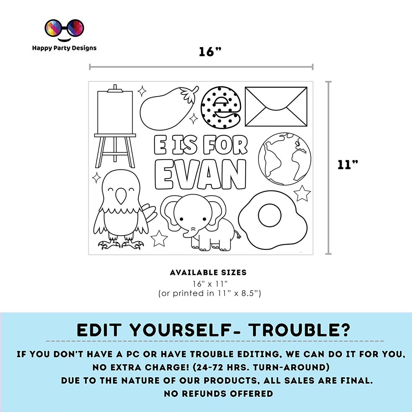 Editable name coloring page | E is for | personalized name alphabet placemat | Teacher material | Printable Preschool #SCH3