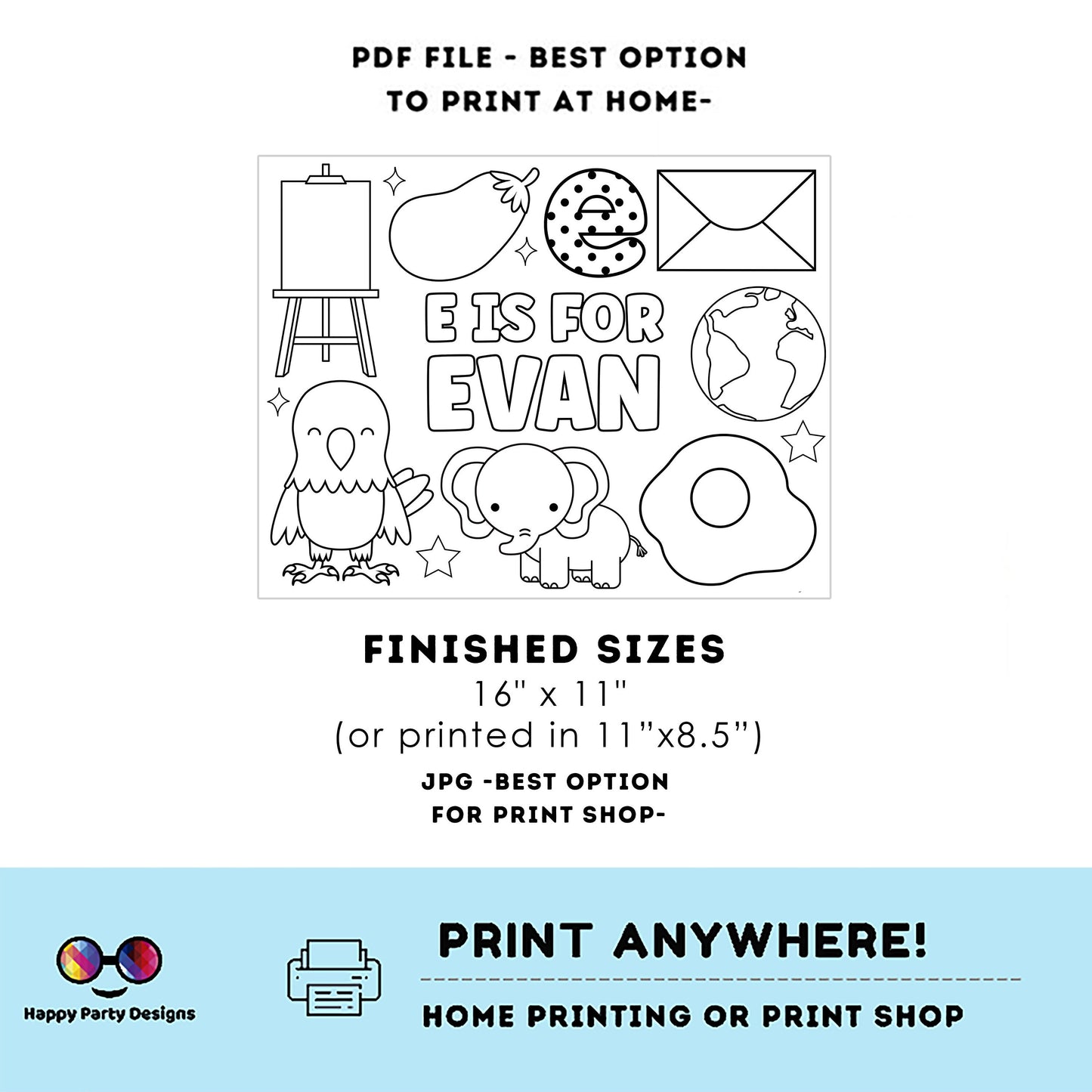 Editable name coloring page | E is for | personalized name alphabet placemat | Teacher material | Printable Preschool #SCH3