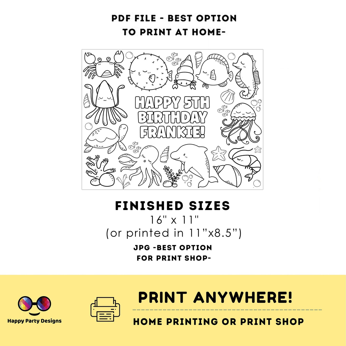 Editable under the sea coloring page | ocean placemat | Any Age | under the sea birthday | Game under the sea Party Activity | sea horse