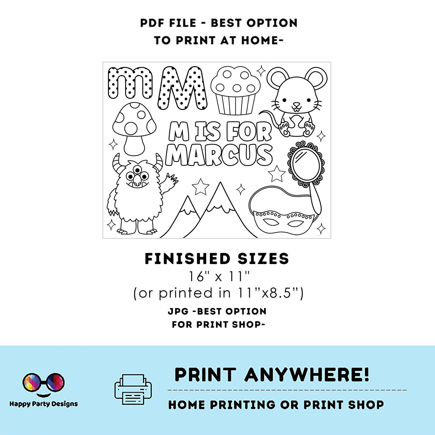 Editable name coloring page | M is for | personalized name alphabet placemat | Teacher material | Printable Preschool #SCH3