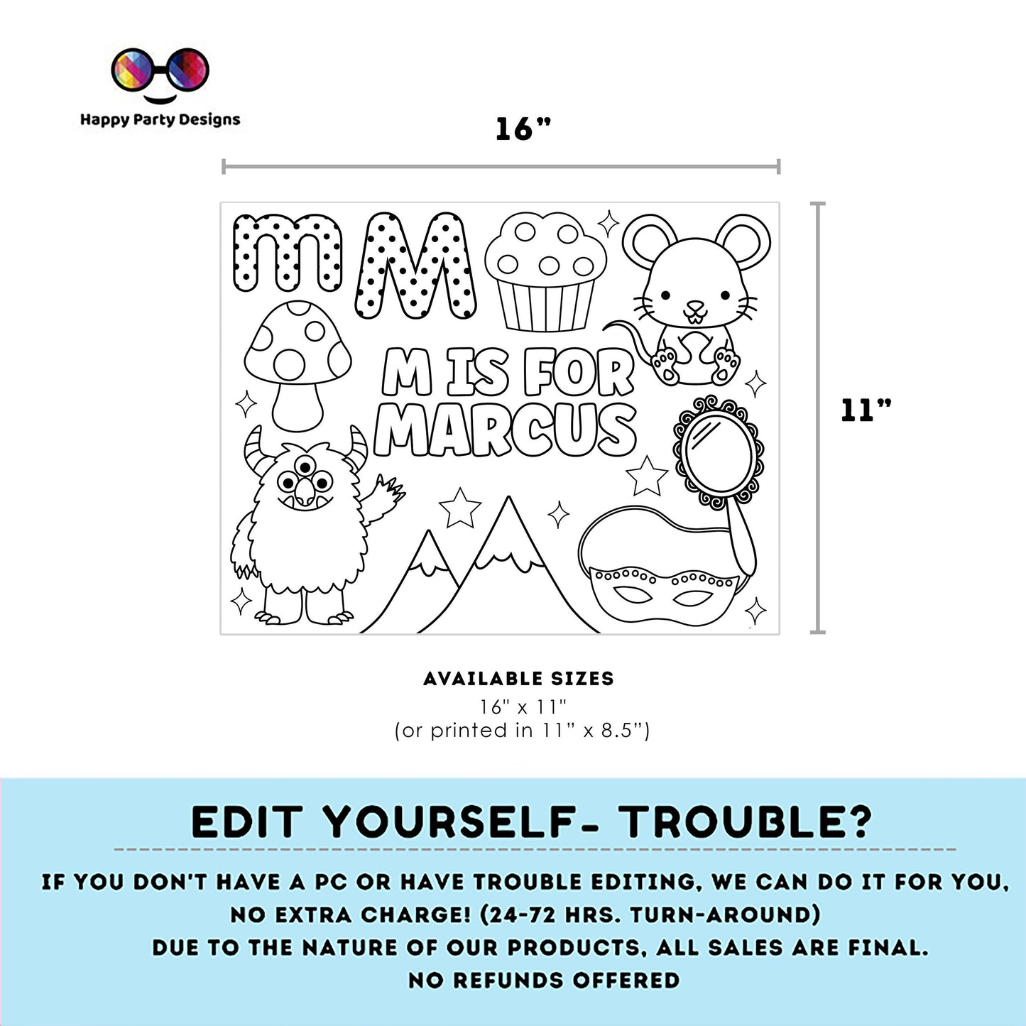 Editable name coloring page | M is for | personalized name alphabet placemat | Teacher material | Printable Preschool #SCH3