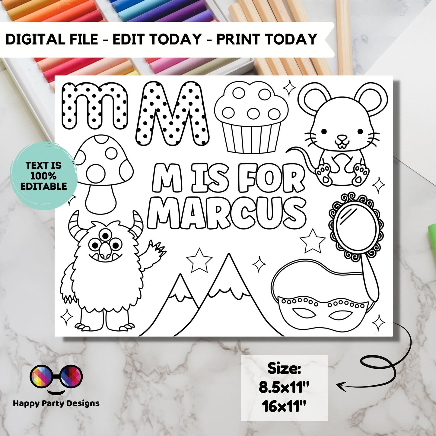 Editable name coloring page | M is for | personalized name alphabet placemat | Teacher material | Printable Preschool #SCH3