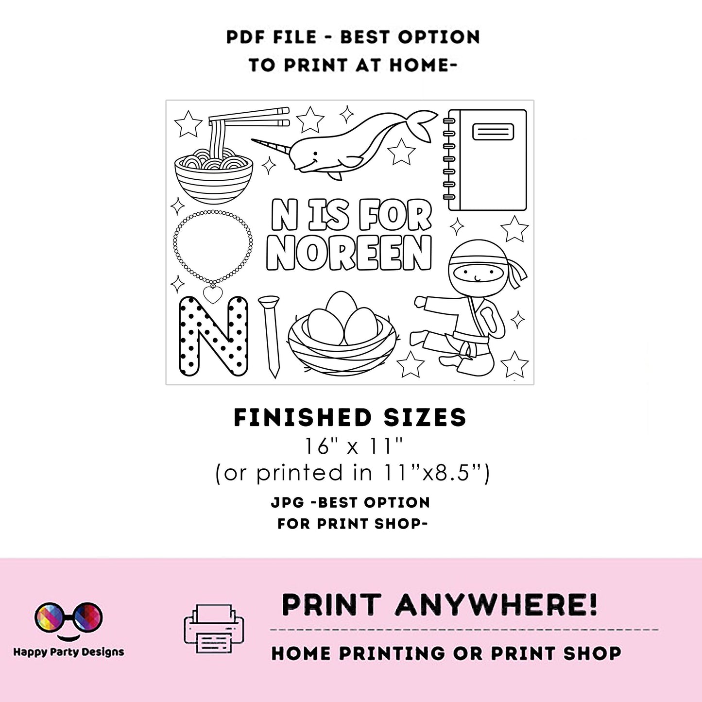 Editable name coloring page | N is for | personalized name alphabet placemat | Teacher material | Printable Preschool #SCH3