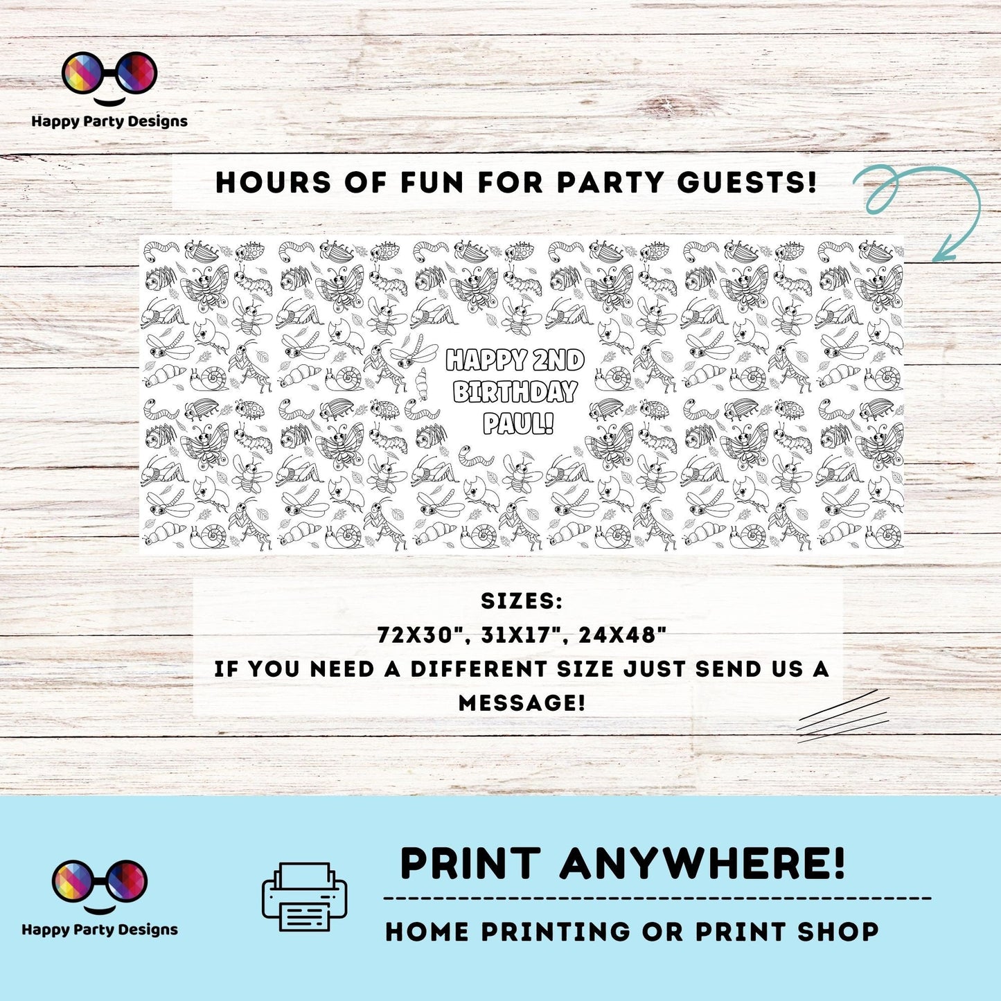 Bugs XL Table Runner | Editable Bugs coloring page | Placemat coloring page | Any Age | Bugs birthday Bugs and Insects Party Activity #K49