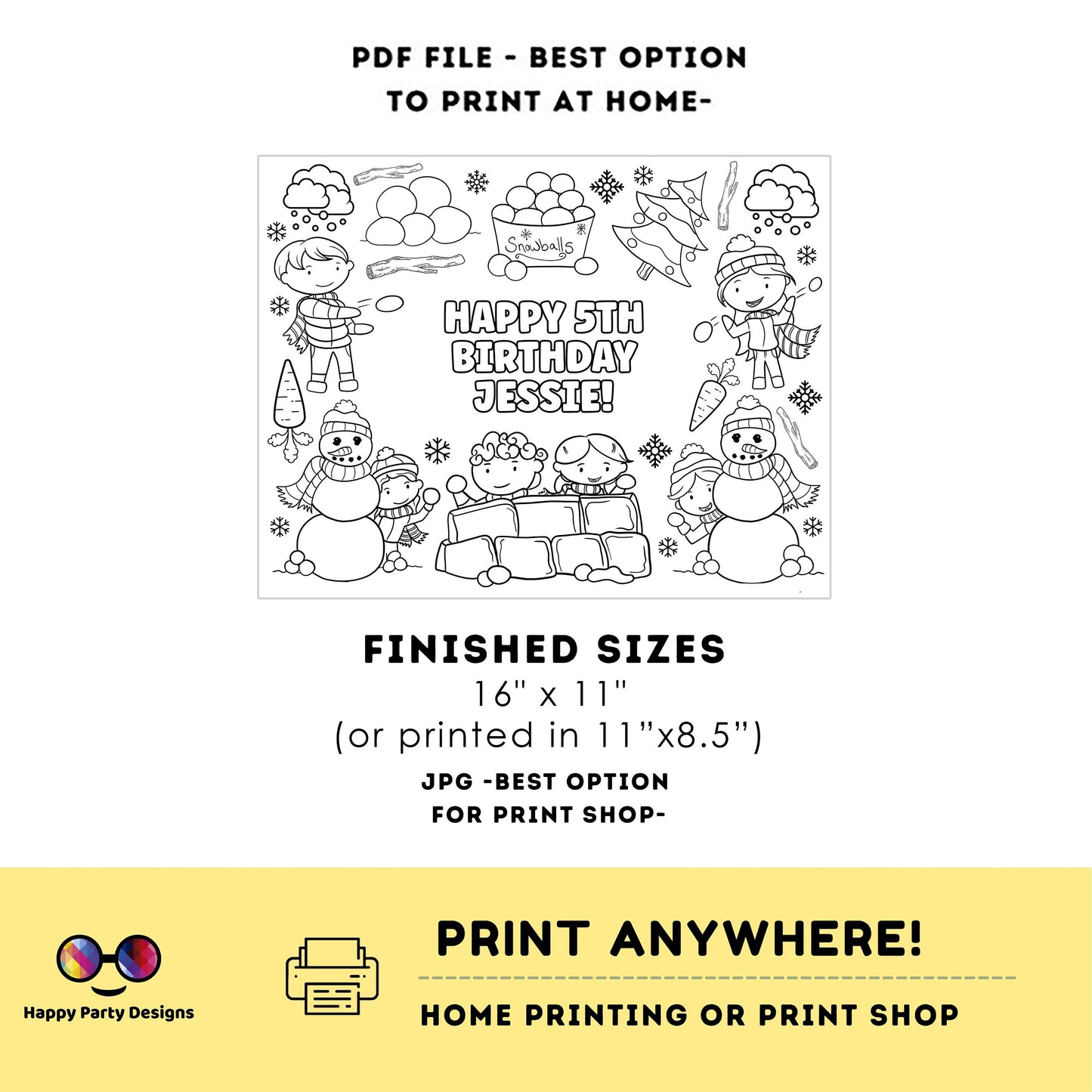 Editable Snowball fight coloring page | Placemat coloring page | Any Age | kids in wintertime birthday | snow fort | Party Activity #K115