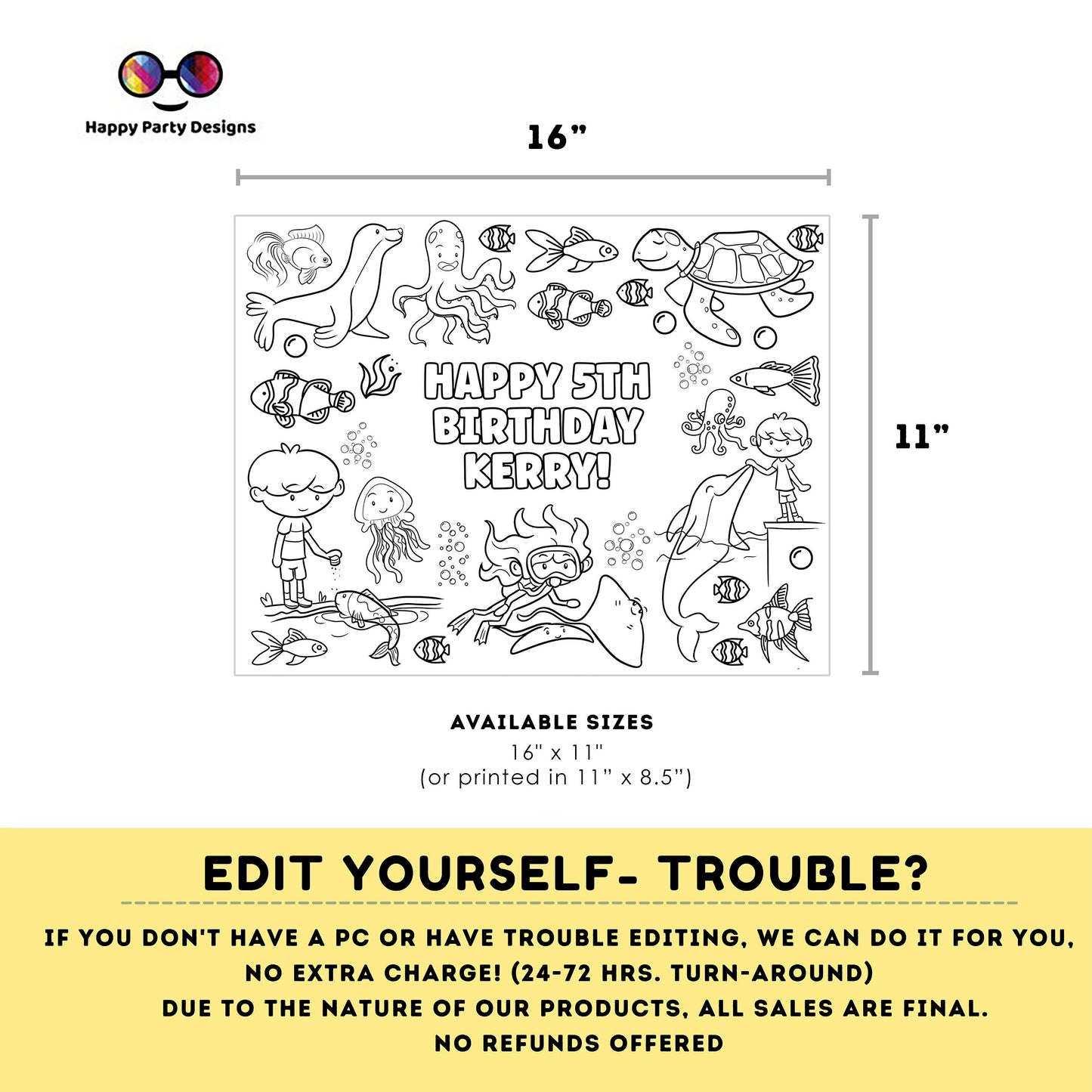 Editable Aquarium coloring page | Placemat coloring page | Any Age | Under the Sea birthday | Under the Sea Party Activity #K93