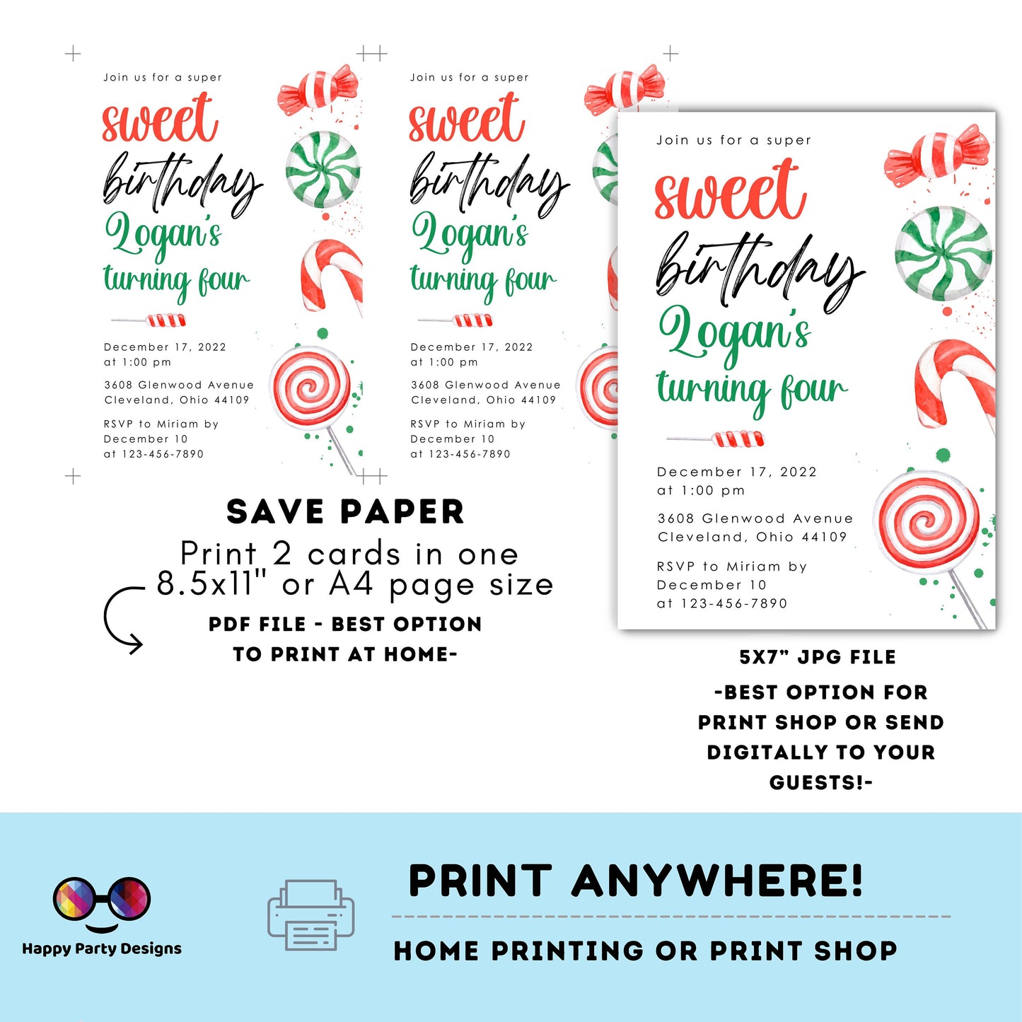 Sweet Christmas Birthday party Invitation | Christmas Birthday printable invite | Holiday Birthday Party Invitation #K266