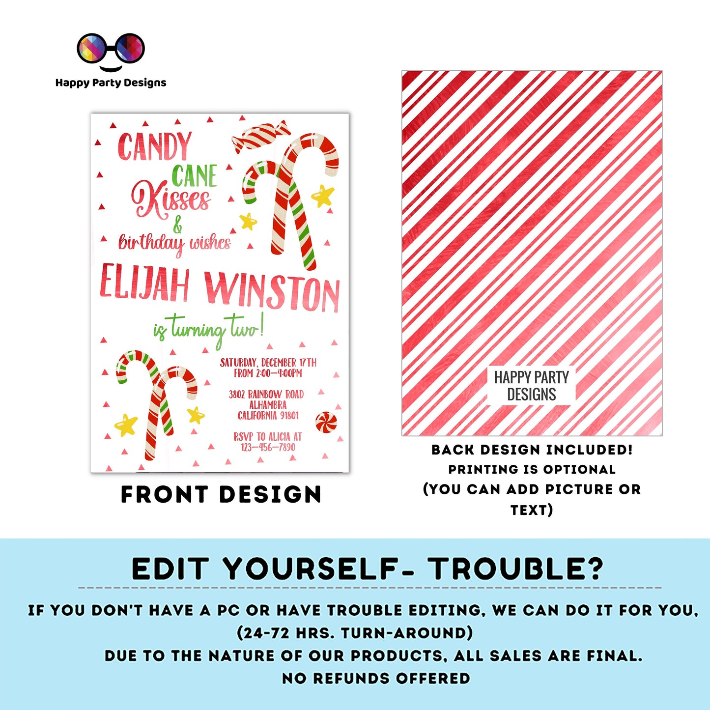 Candy Cane Christmas Birthday party Invitation | Christmas Birthday printable invite | Holiday Birthday Party Invitation | Sweets #K267