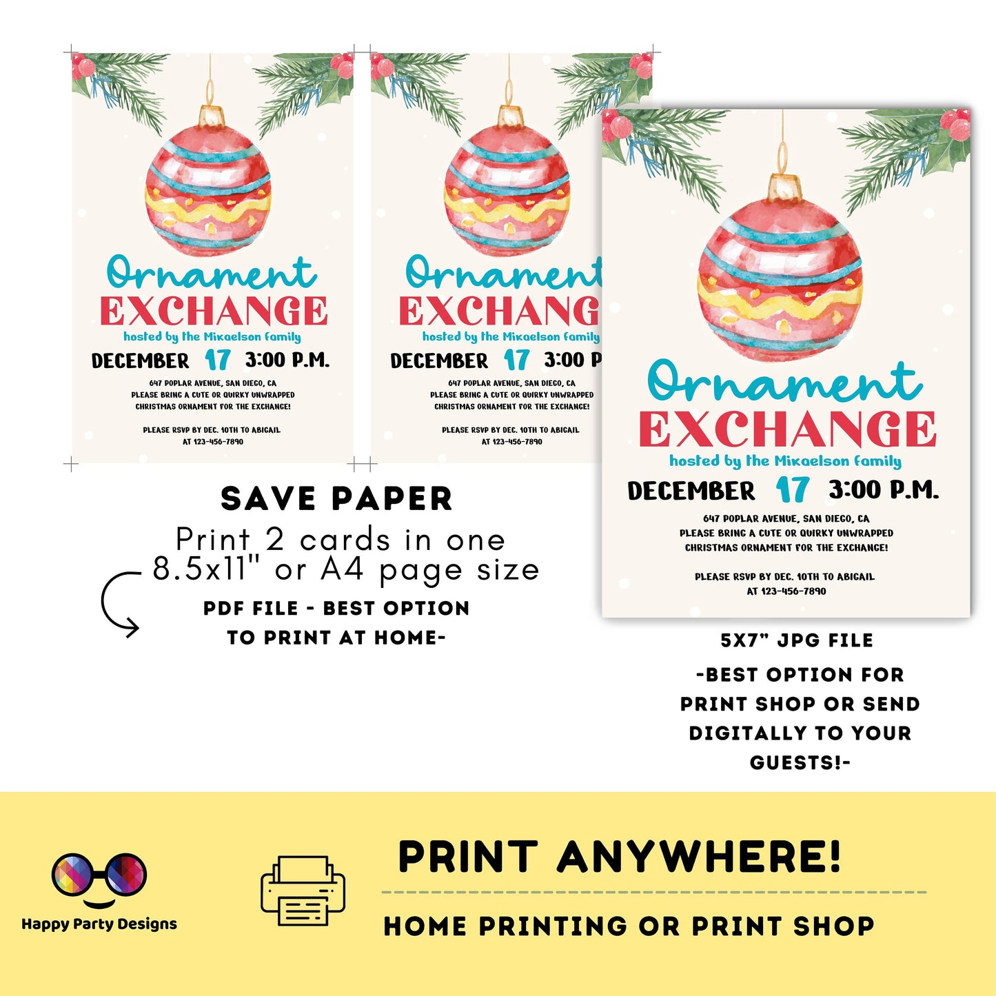 Editable ornament exchange party Invitation | Christmas Party printable invite | Holiday Christmas Party Invitation | Christmas ornaments