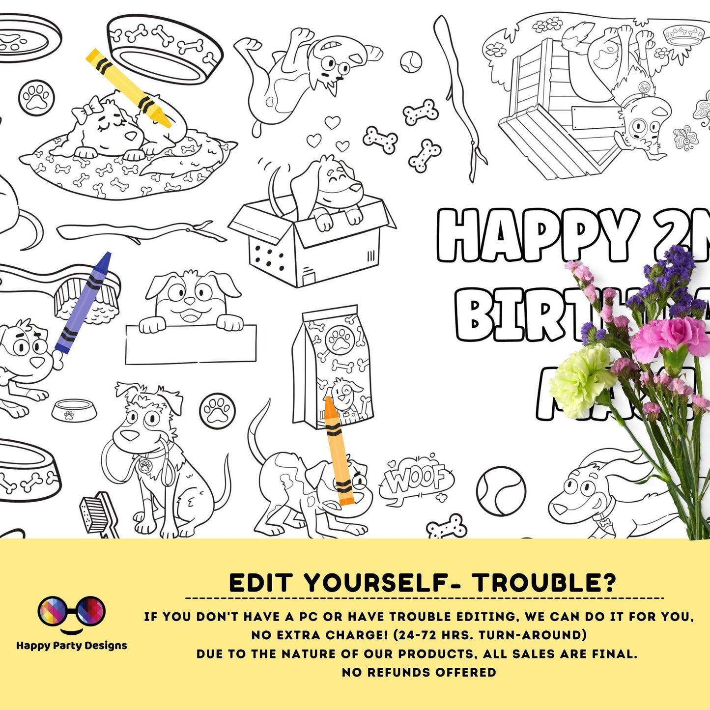 Puppy XL Coloring Table Runner | Editable Puppy Birthday coloring page | Placemat coloring page | Puppy birthday Party Activity #K61