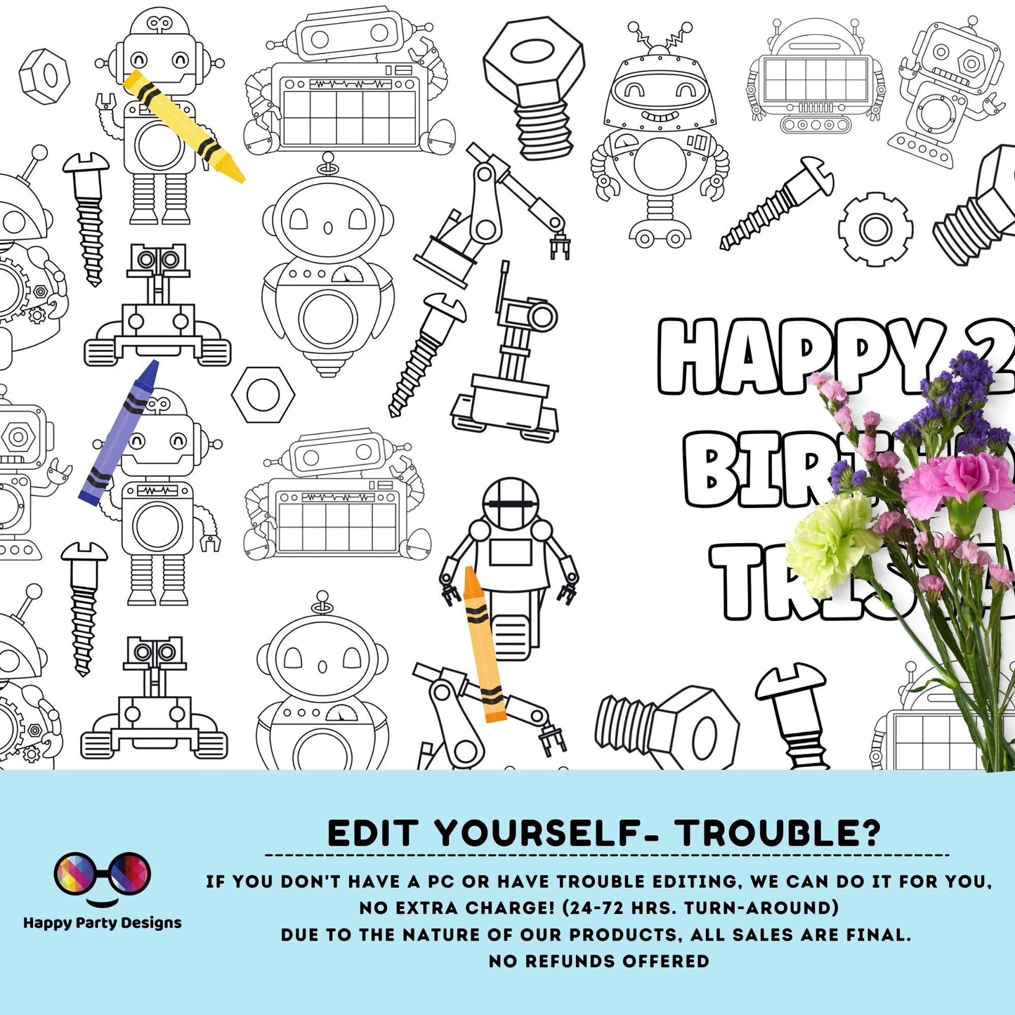 Robots XL Coloring Table Runner | Editable Robots Birthday coloring page | Placemat coloring page | Robots birthday Party Activity #K163