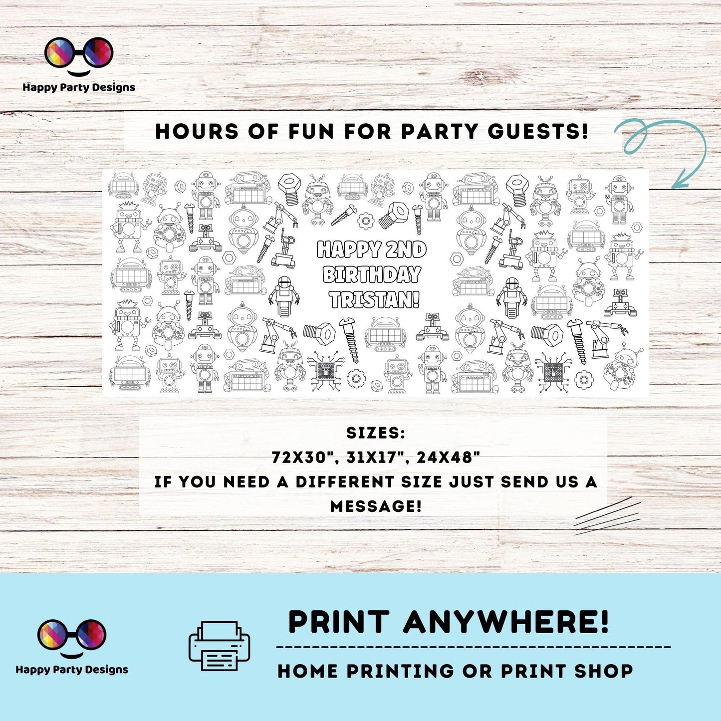 Robots XL Coloring Table Runner | Editable Robots Birthday coloring page | Placemat coloring page | Robots birthday Party Activity #K163