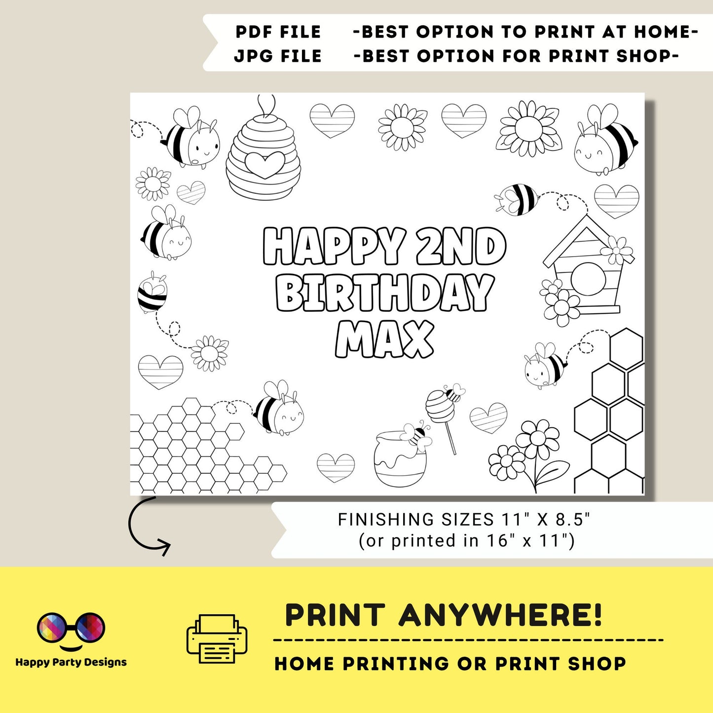 Editable bumble bee coloring page | Placemat coloring page | Any Age | Baby shower | Baby shower activity | party placemat | Bumble bee