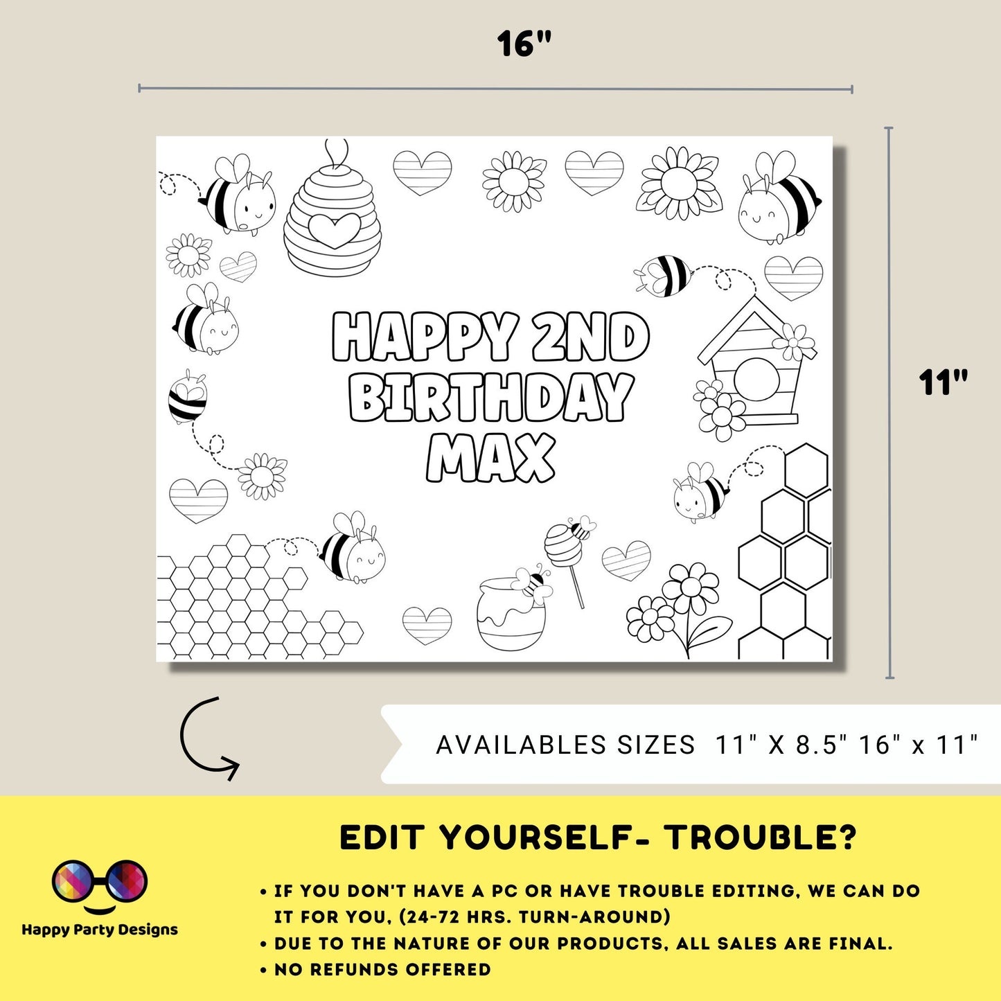 Editable bumble bee coloring page | Placemat coloring page | Any Age | Baby shower | Baby shower activity | party placemat | Bumble bee