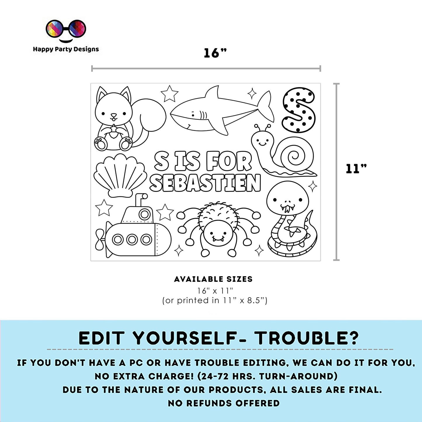 Editable name coloring page | S is for | personalized name alphabet placemat | Teacher material | Printable Preschool #SCH3